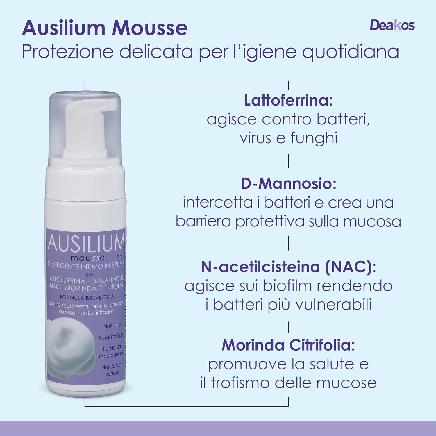 Detalle de Deakos Ausilium Mousse Detergente Intimo: sollievo delicato per tutta la famiglia