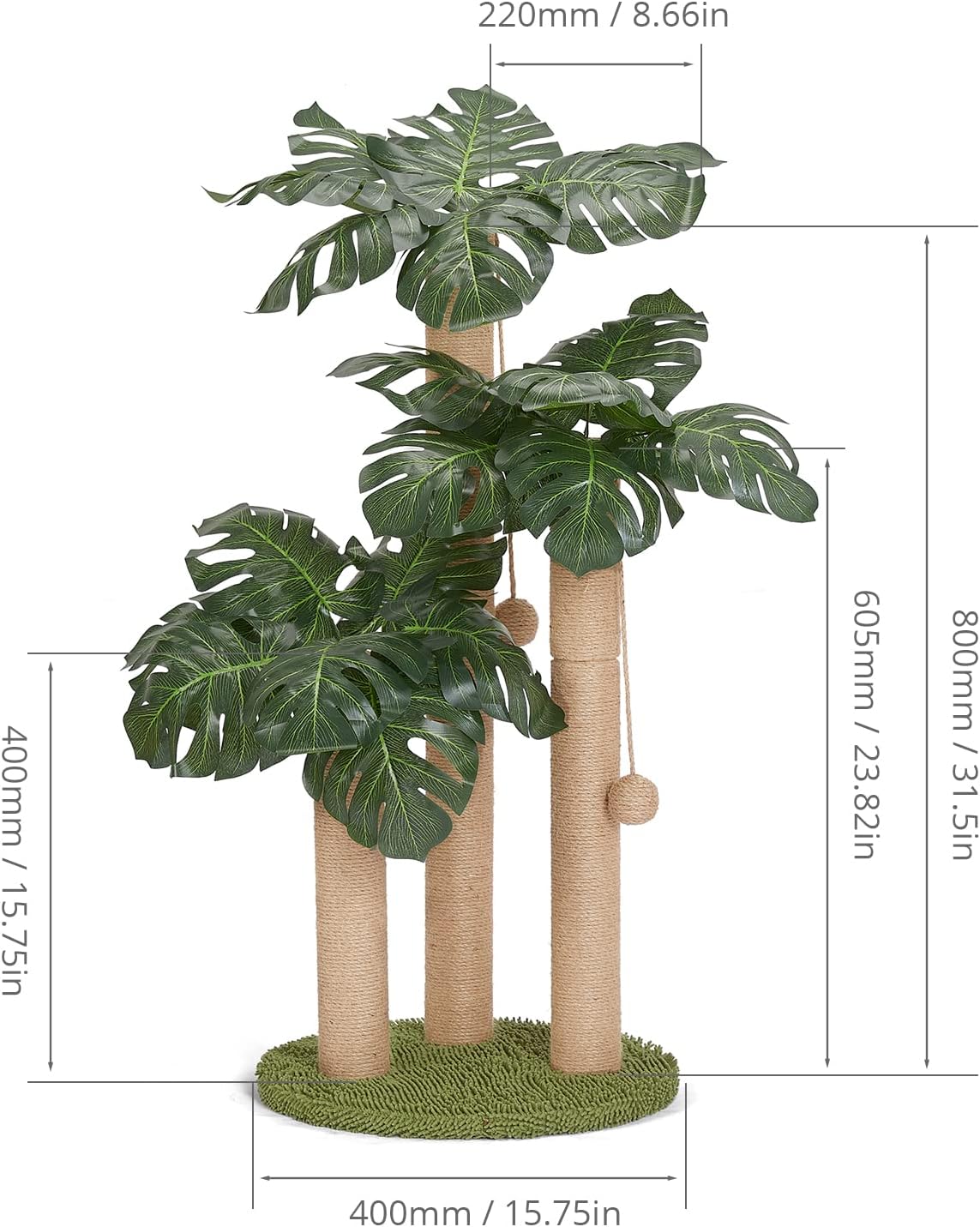 Detalle de 31.5-Inch Cat Scratching Post with 3 Scratching Poles and 2 Interactive Balls (Monstera Tree)