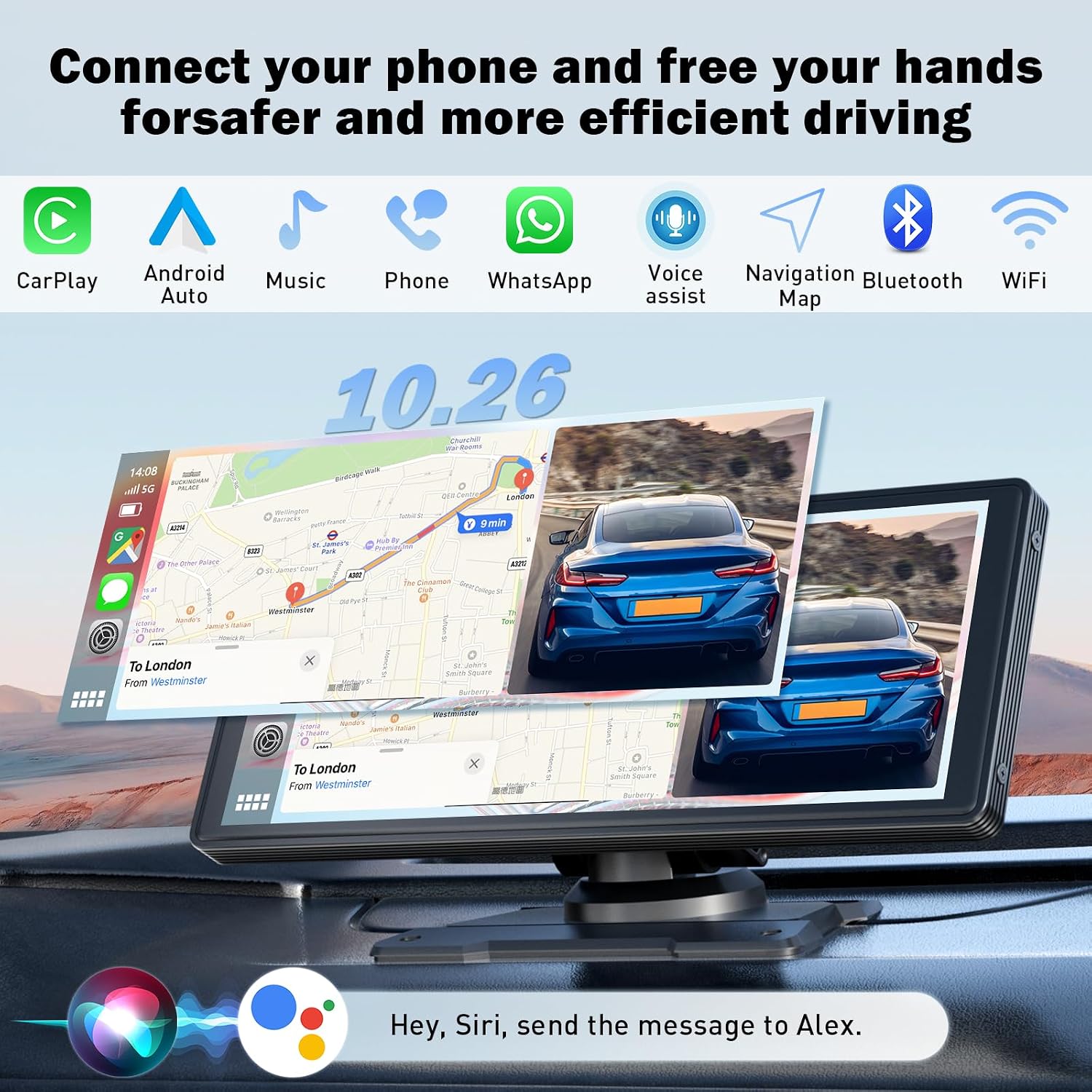 Detalle 2 de 10.26" Wireless Car Stereo with Apple CarPlay & Android Auto, IPS Touchscreen & 1080P Rear Camera