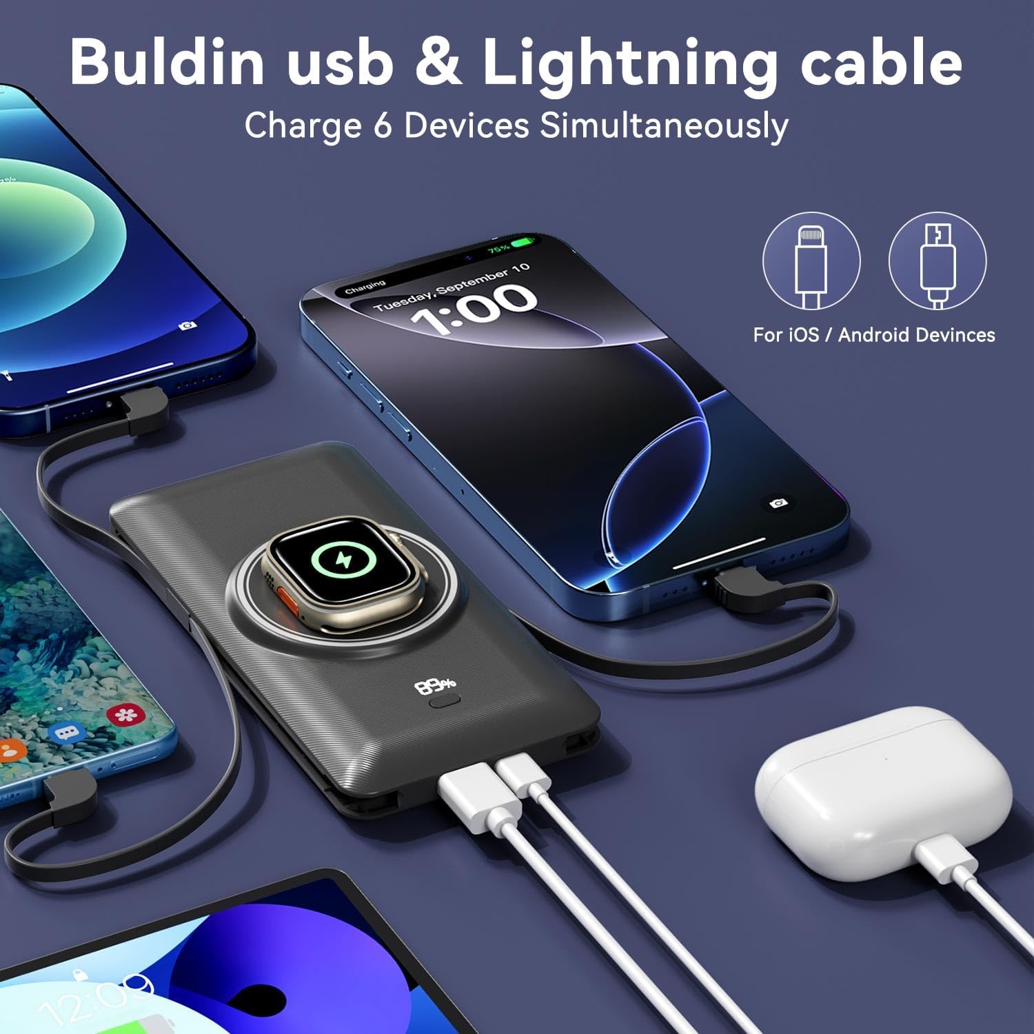 Thumbnail 5 de LUCKYFELLOW PB180W 10,000mAh Wireless Power Bank with Built-In Cables
