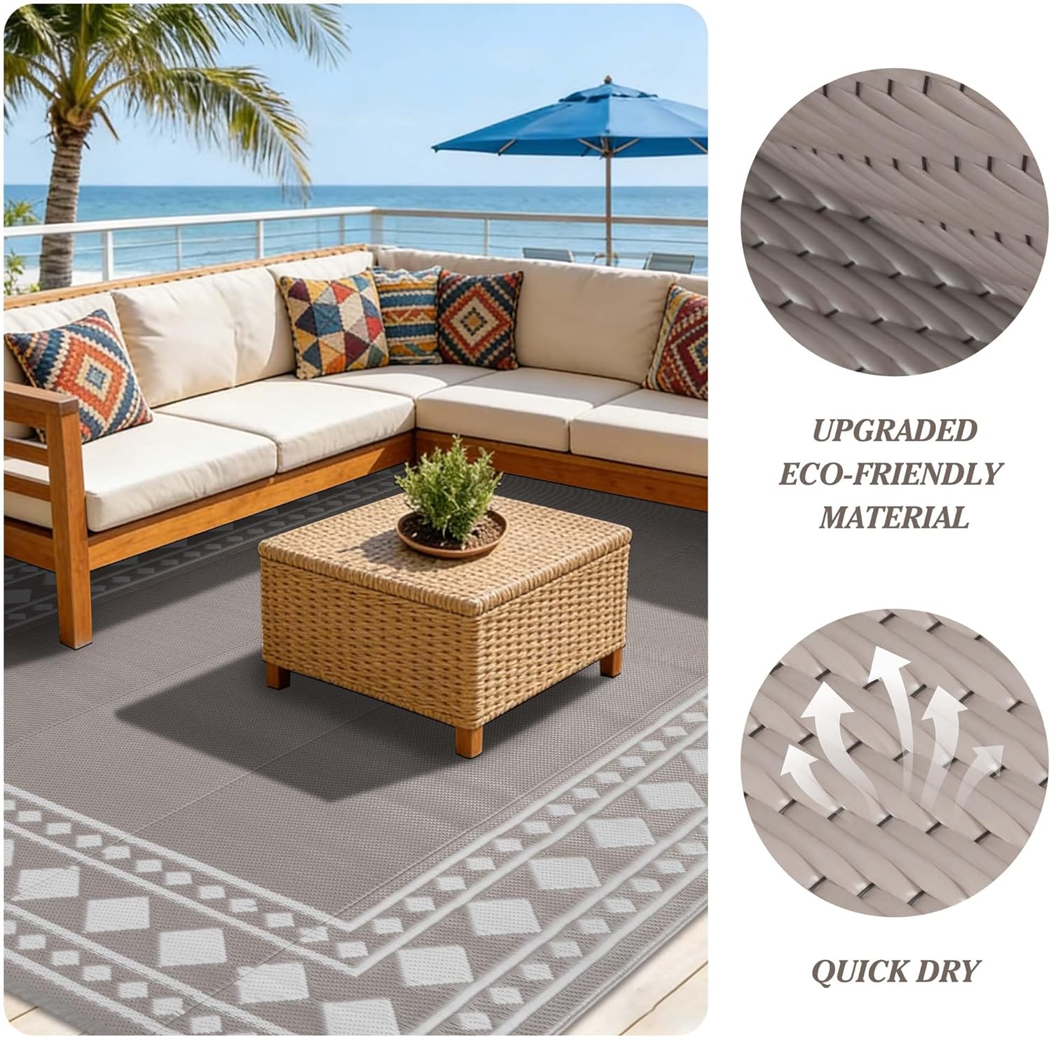 Thumbnail 6 de Homcomodar Outdoor Rugs for Patios Waterproof, Reversible UV Resistant Plastic Carpet (180x270cm) – Beige