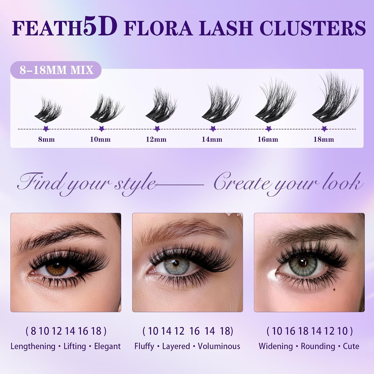 Thumbnail 3 de B&Q Fluffy Lash Clusters Kit Feath5D Flora Wispy Lashes – 144pcs, C Curl, 8-18 Mix