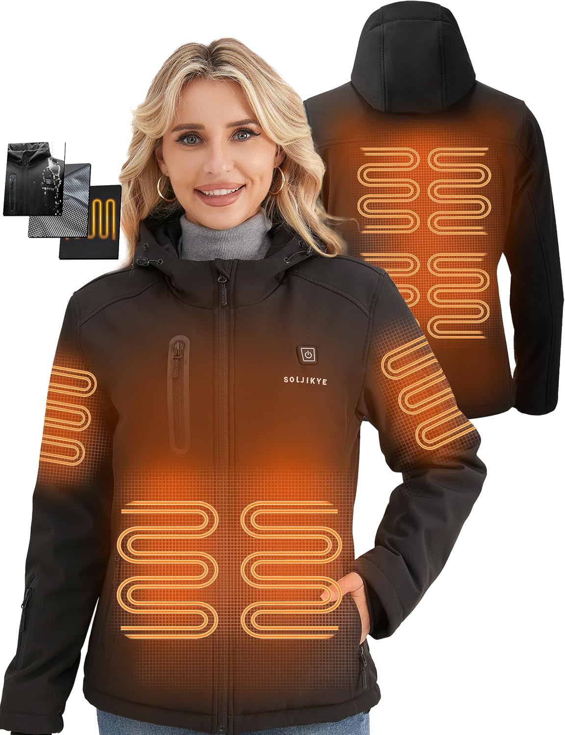Detalle de SOLJIKYE Women's Heated Jacket, 8 Zones, 20,000mAh Battery, Hooded Softshell