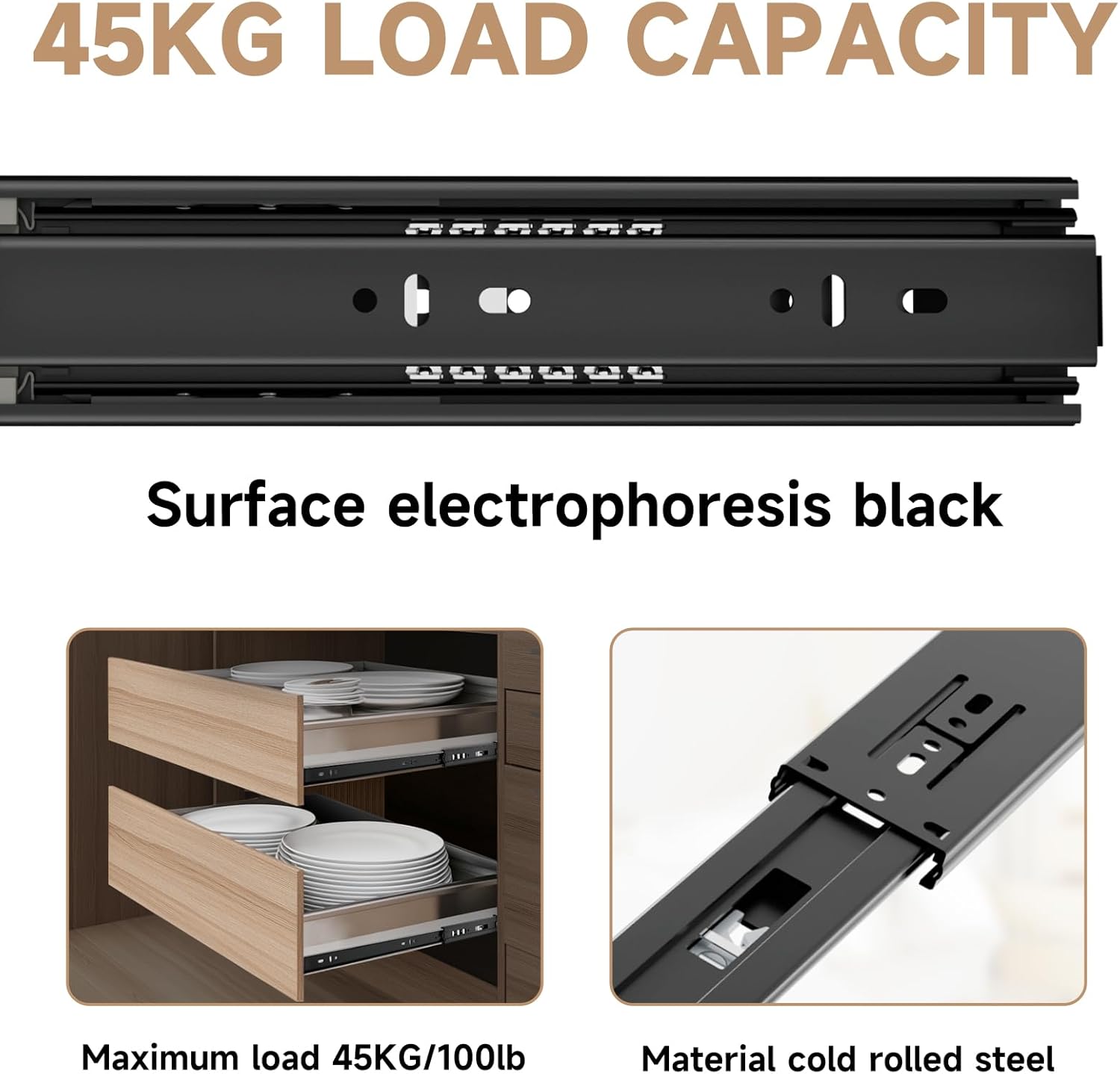 Thumbnail 4 de AOLISHENG Schubladenschienen 450 mm – Vollauszug mit Push-to-Open, 45-kg-Tragkraft (1 Paar)
