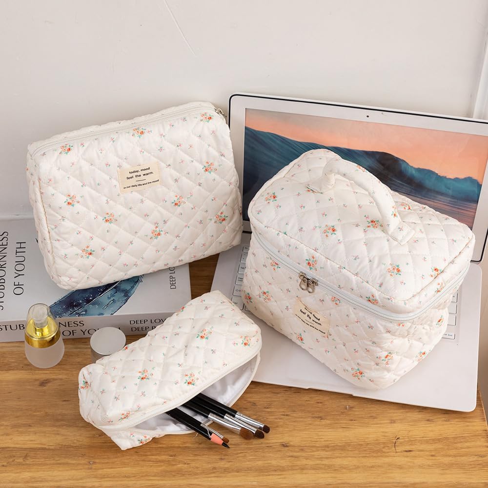 Detalle de Aucuu 3PCS Kosmetiktasche-Set mit Blumenmuster – gesteppt, Baumwollstoff, Reise-Organizer für Damen