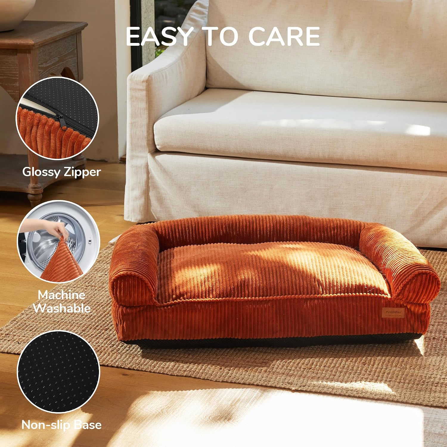 Thumbnail 6 de FUKUMARU Cute Dog Bed: Large 36inch Fluffy Couch with TPU Lining, Removable Cover in Orange
