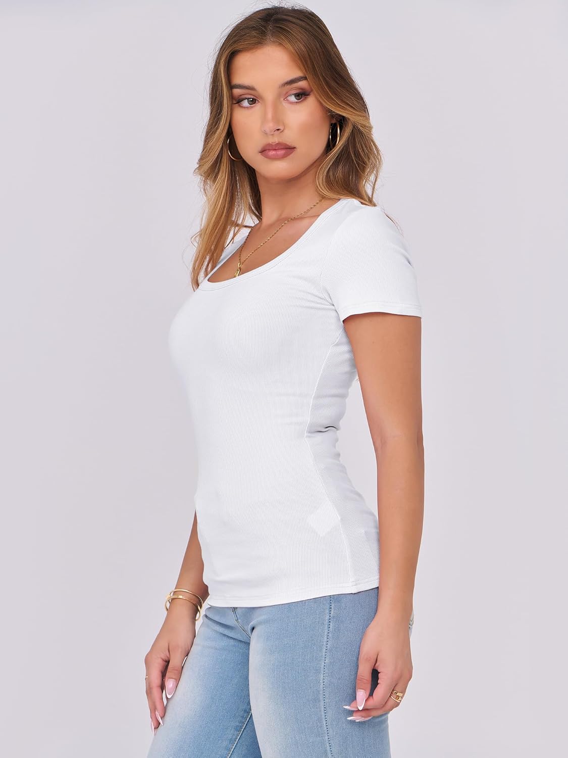 Thumbnail 3 de DUOEASE Damen T-Shirt Sommer Basic Stretch mit U-Ausschnitt (Slim Fit, kurzarm)
