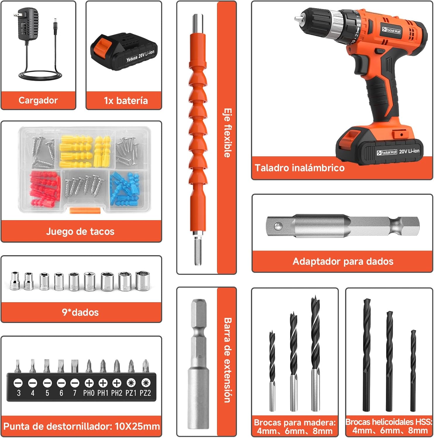Thumbnail 1 de FADAKWALT Akku-Bohrschrauber 20V – 30 Nm, 2-Gang, 60-tlg Zubehörset, 2000 mAh, LED, Orange