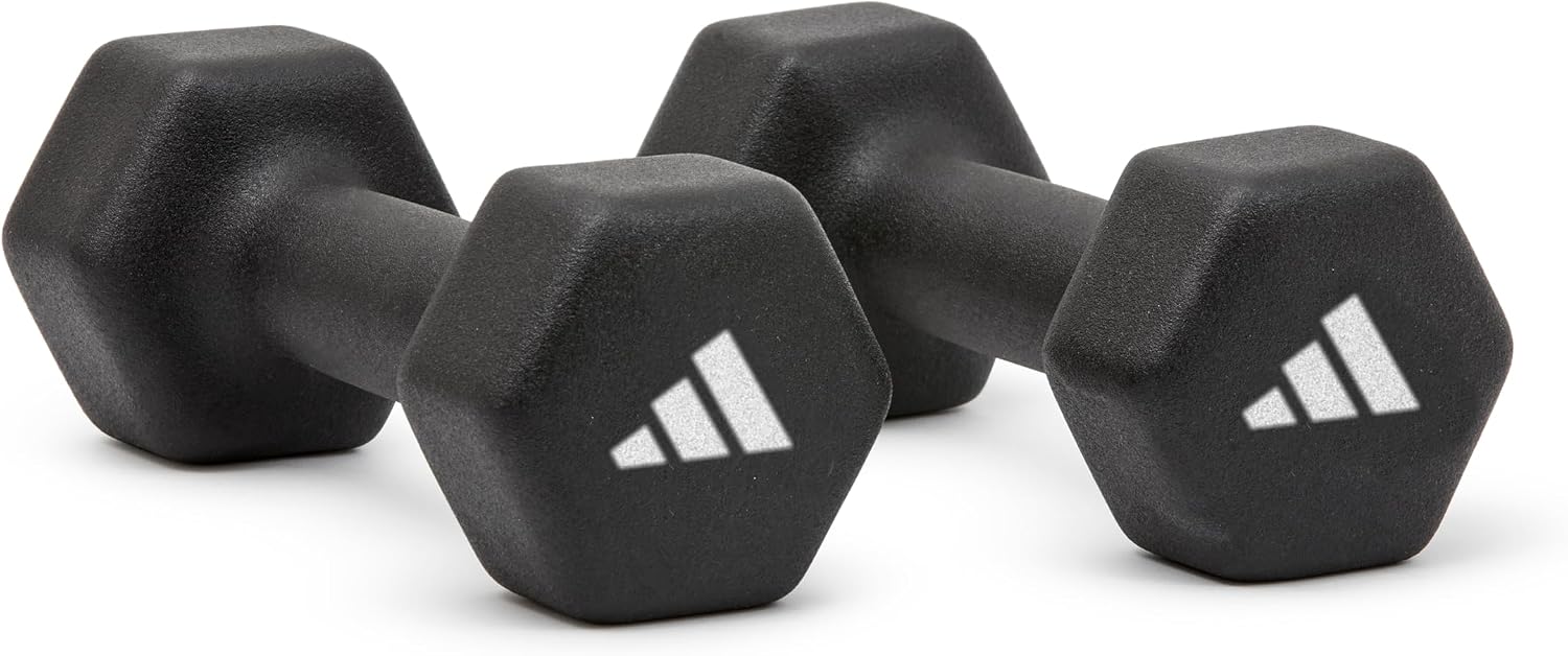 Detalle de adidas ネオプレンダンベル 3kg×2本 ブラック、転がりにくい六角形デザイン