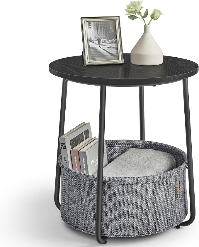 Detalle de VASAGLE LET223B01 Mesa Auxiliar Redonda con Cesta 🖤