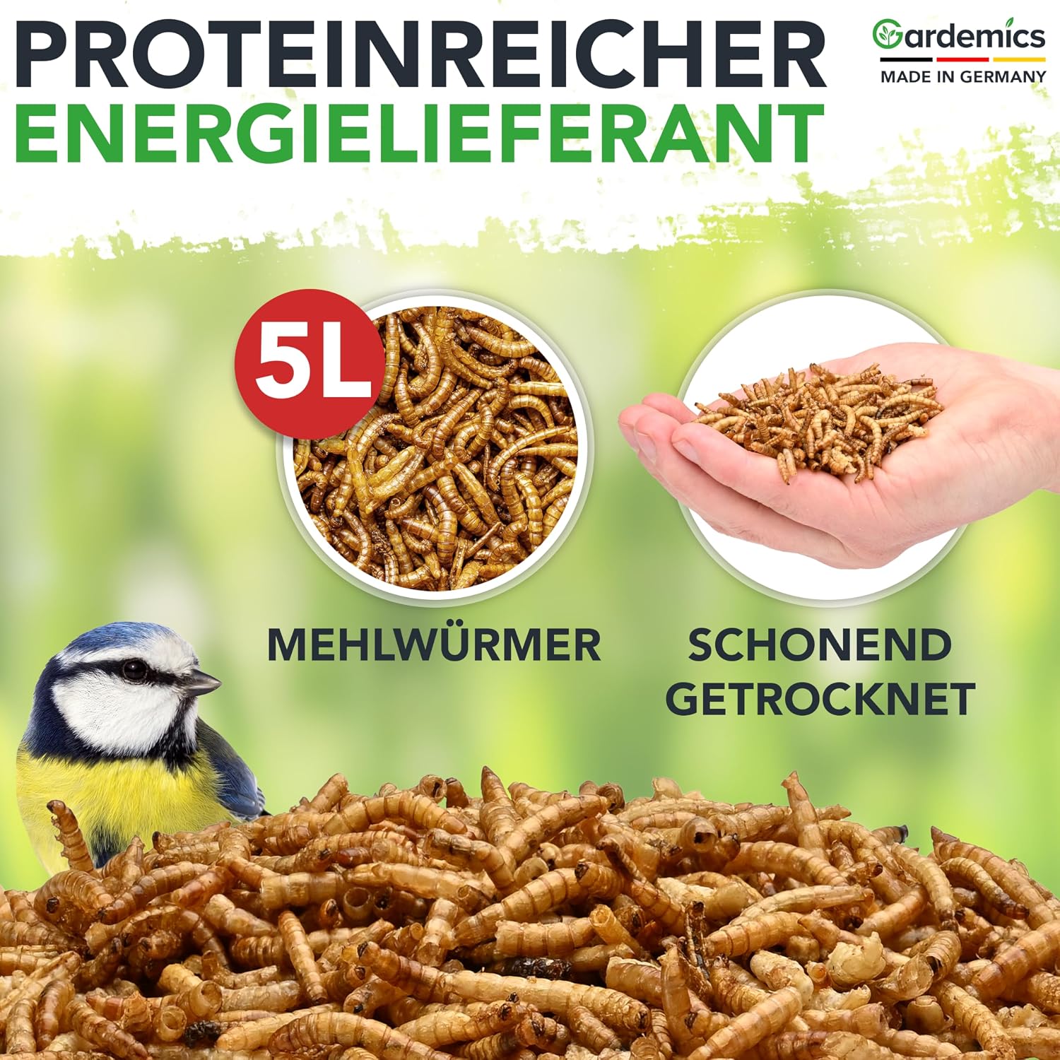 Detalle 2 de Gardemics Mehlwürmer getrocknet 5 Liter – 800 g Premium Insektenfutter für Vögel, Fische, Schildkröten und mehr