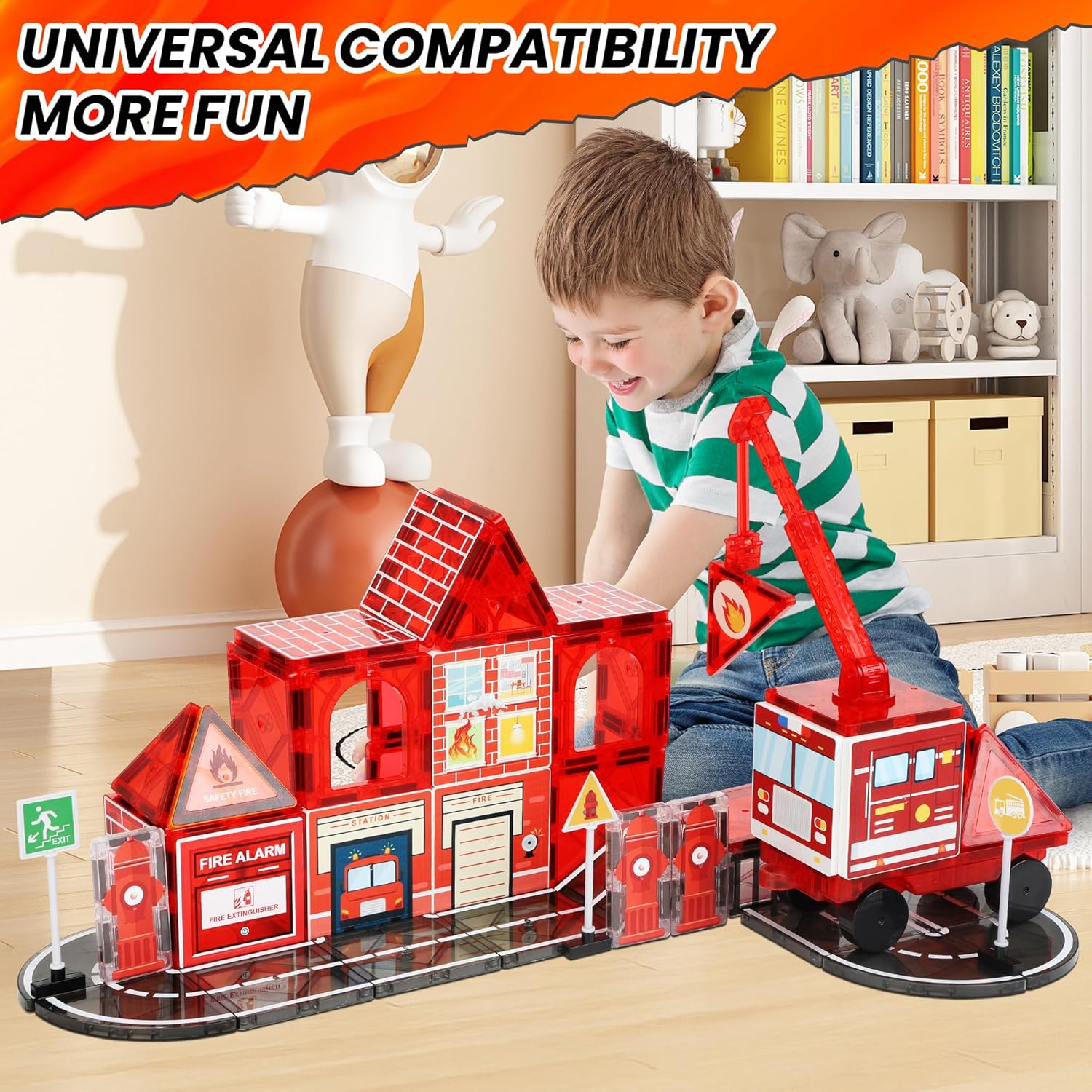 Detalle de Magnetic Tiles Road Set with Fire Truck — Creative STEM Building Toys for 3–12 Year Olds
