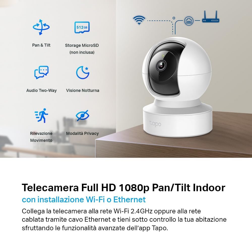 Thumbnail 1 de Tapo C202: Telecamera Wi‑Fi interna con 360° Pan/ Tilt, visione notturna, audio bidirezionale e archiviazione microSD