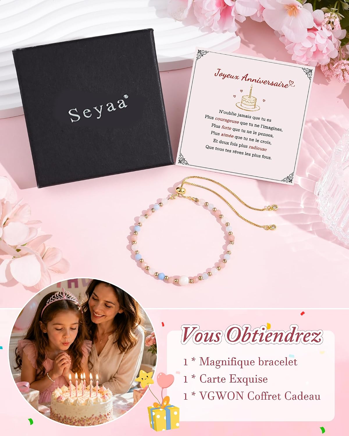 Detalle de Seyaa Bracelet Pierre Naturelle – Cadeau Anniversaire Fille 8–12 ans (Pierre de Lune)