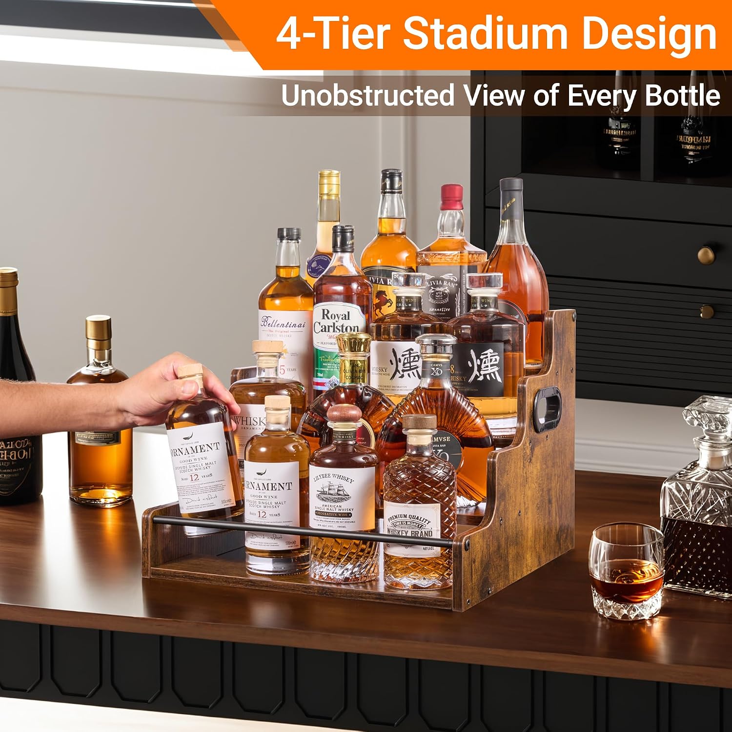 Detalle de YQBRAO 2 Pack 4-Tier Liquor Bottle Display Shelves (16-Inch) in Rustic Brown
