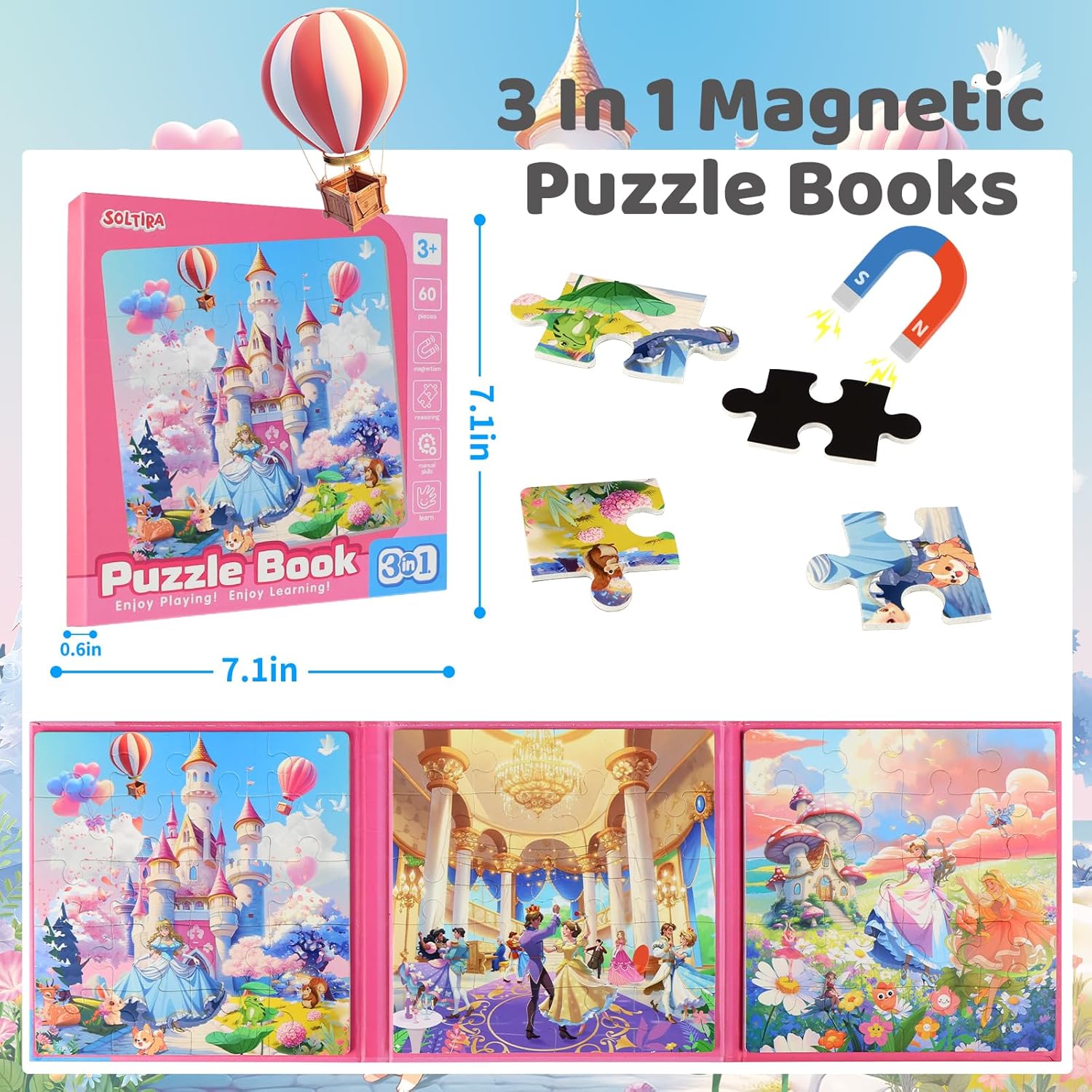 Thumbnail 1 de Princess Puzzles for 3 Year Olds: Castle, Ball and Elf Magnetic Jigsaws (3 x 20pcs)