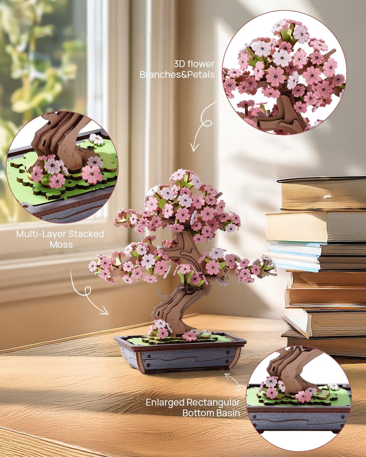 Detalle de Rolife Puzzle 3D Sakura et Pin Éternel Bonsai – Kit bois DIY pour adultes