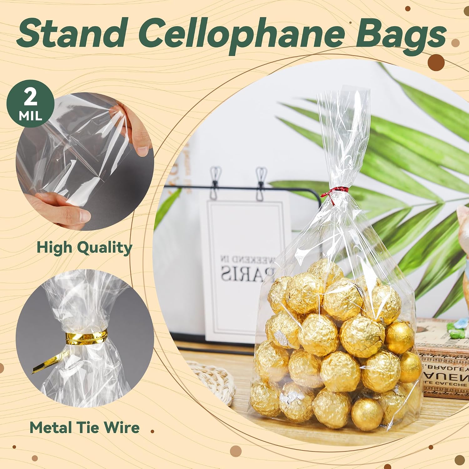 Detalle 2 de NPLUX 100 Pack Clear Flat Bottom Cellophane Treat Bags with Twist Ties (8x11x3.15 in)