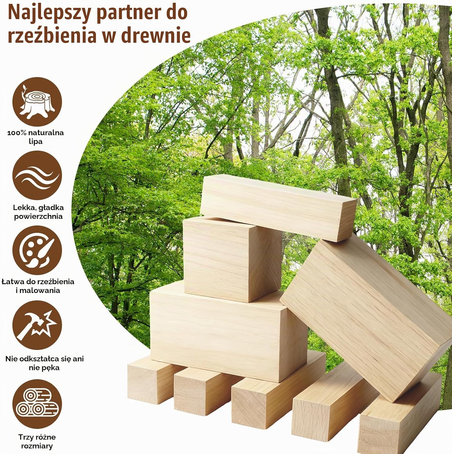 Detalle de lompyeu – 22 klocki z drewna lipowego do rzeźbienia, 3 rozmiary