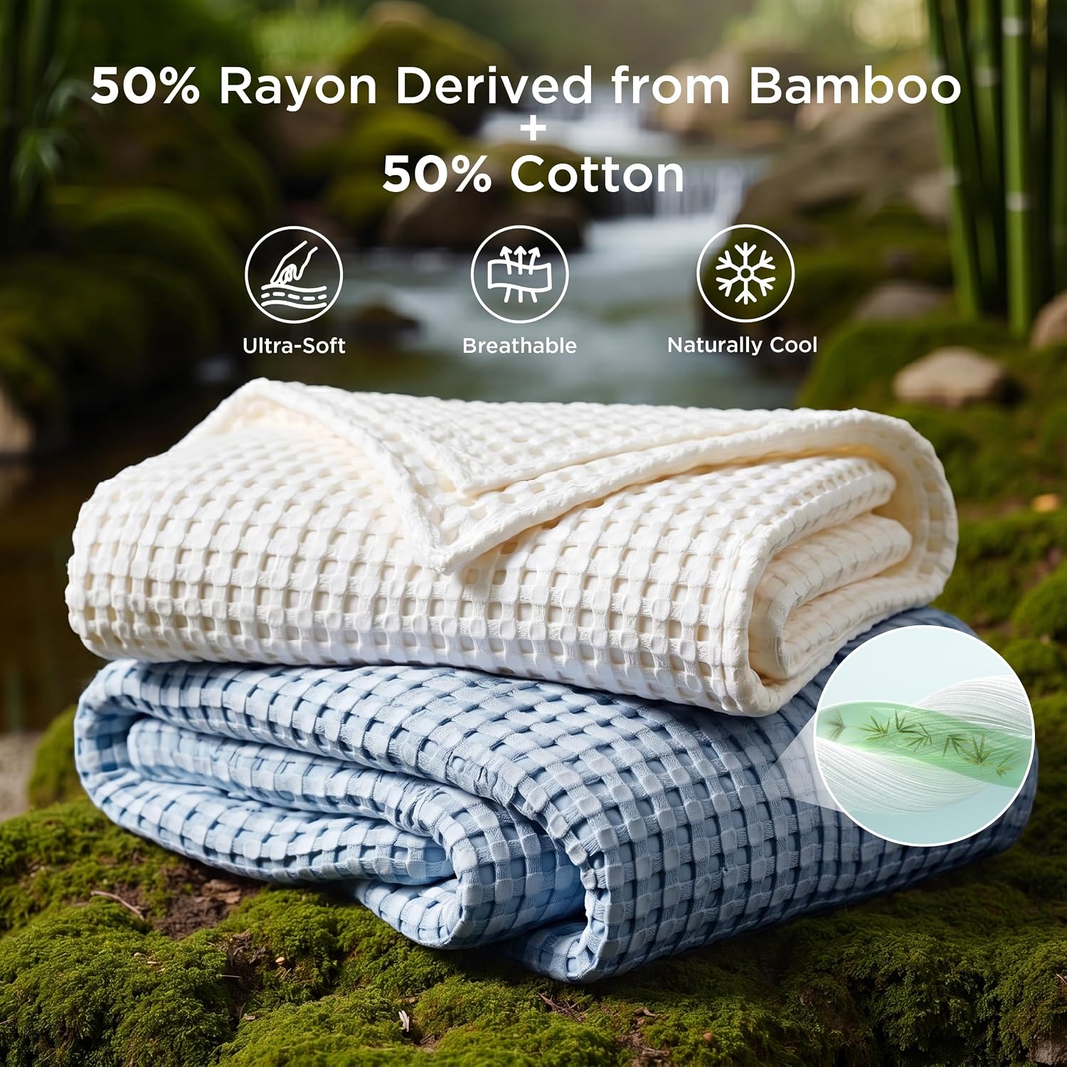 Detalle de Bedsure Cooling Waffle Blanket, King, Sky Blue, Cotton and Bamboo-Derived Rayon