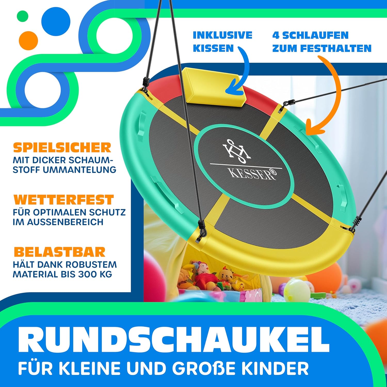 Detalle de KESSER Nestschaukel Rundschaukel Ø60 cm – belastbar bis 200 kg, mit Kissen und 4 Griffen