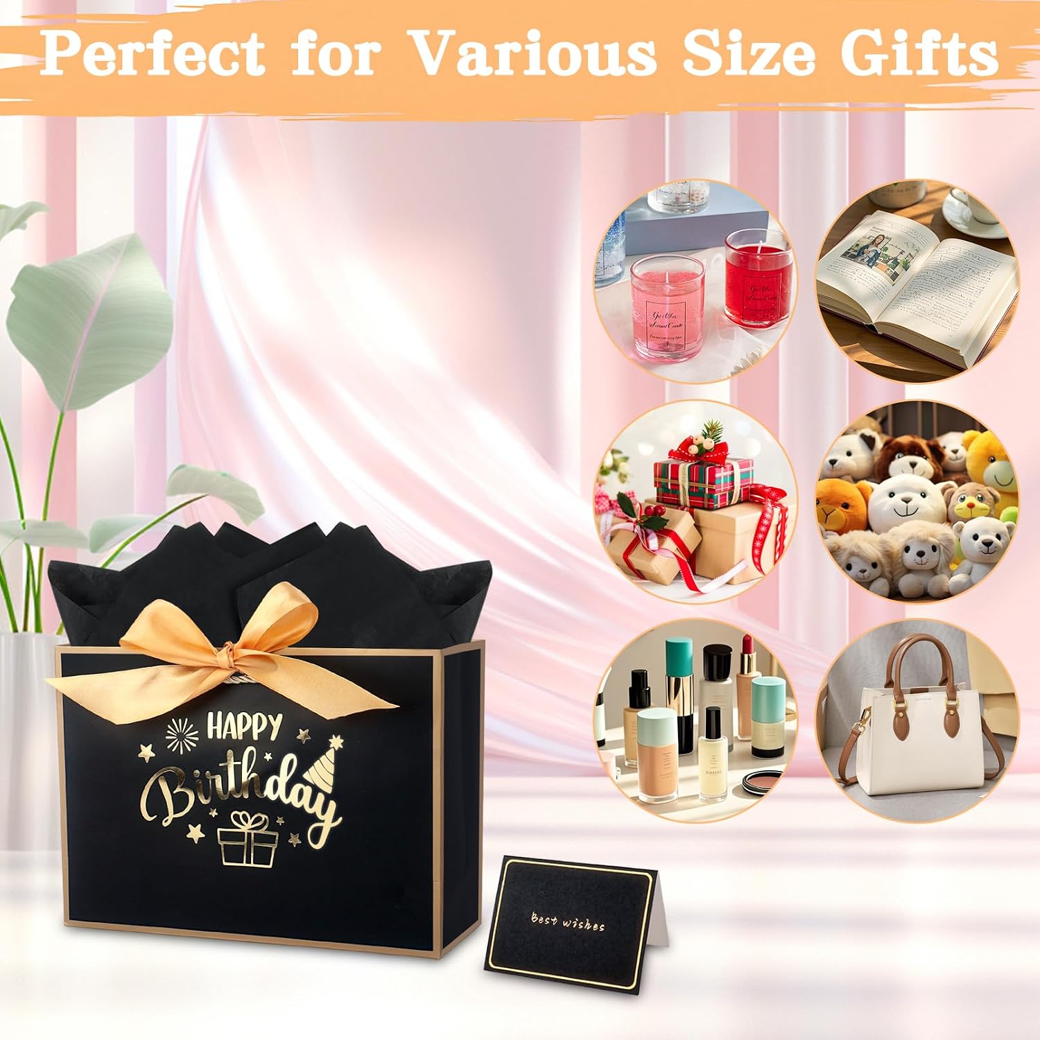 Detalle de Black and Gold Birthday Gift Bag 11.0 × 8.0 × 4.0 inches – Happy Birthday Bag with Ribbons, 3 Tissue Papers & Card