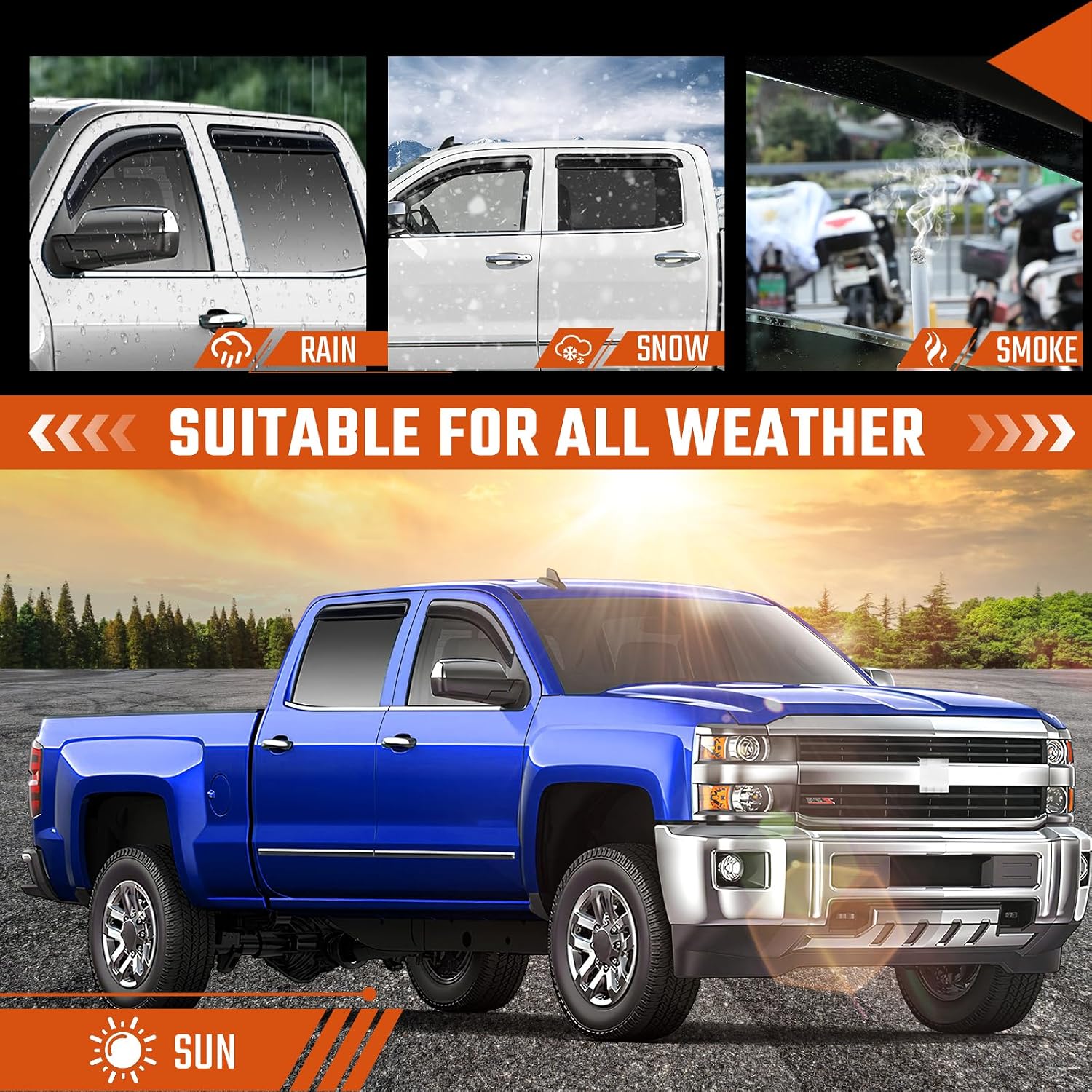 Detalle de GEARMEISTER Rain Guards for Chevy Silverado / GMC Sierra 1500 Crew Cab (2014–2018) - Tape-On Window Deflectors