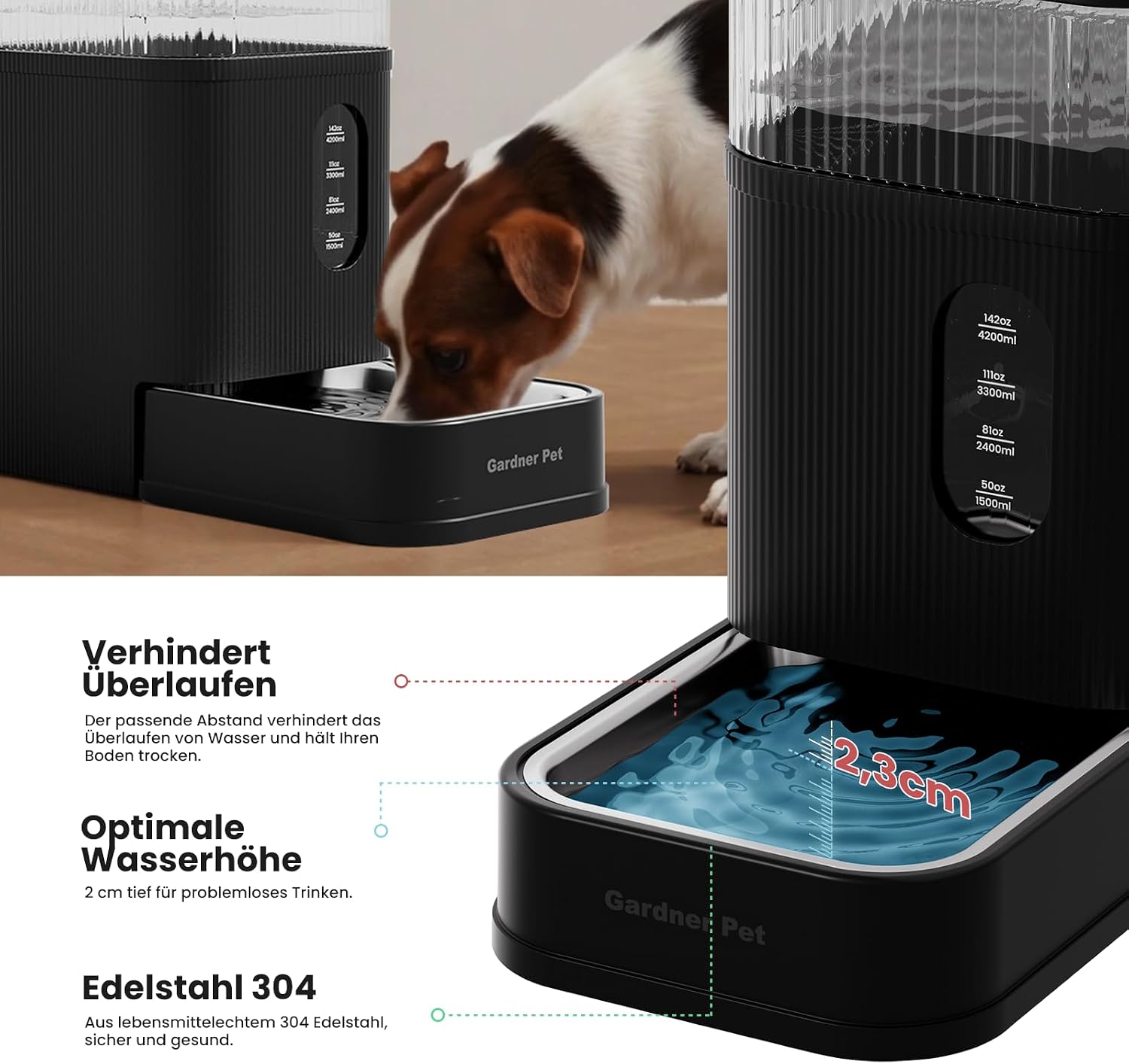 Detalle 2 de Gardner Pet automatischer Wasserspender 8,5 l mit Schwerkraft-System und Edelstahlschüssel