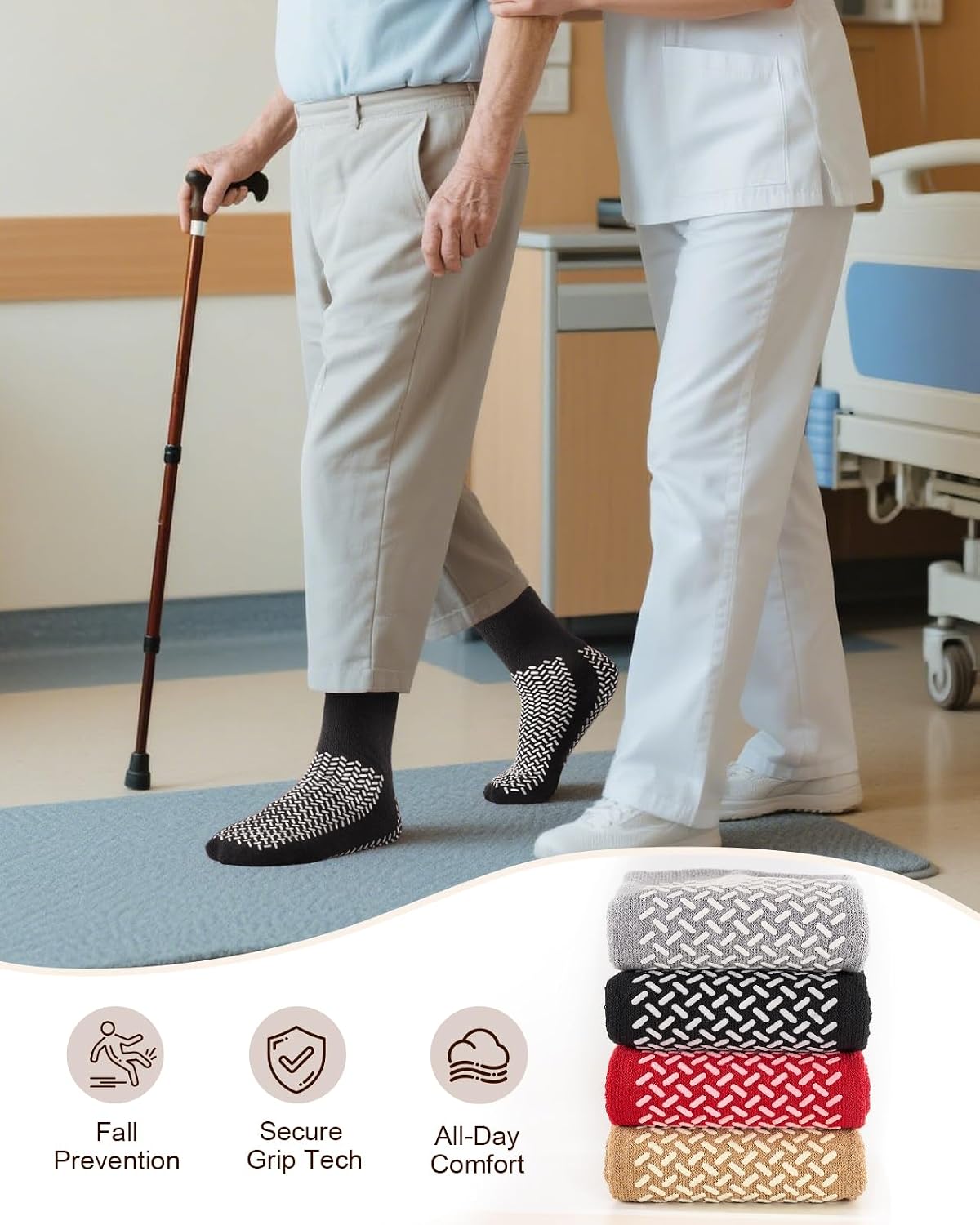 Thumbnail 3 de SukModen Double Tread Non Slip Hospital Socks – 3 Pairs, Extra Large, Falls Prevention for Men and Women