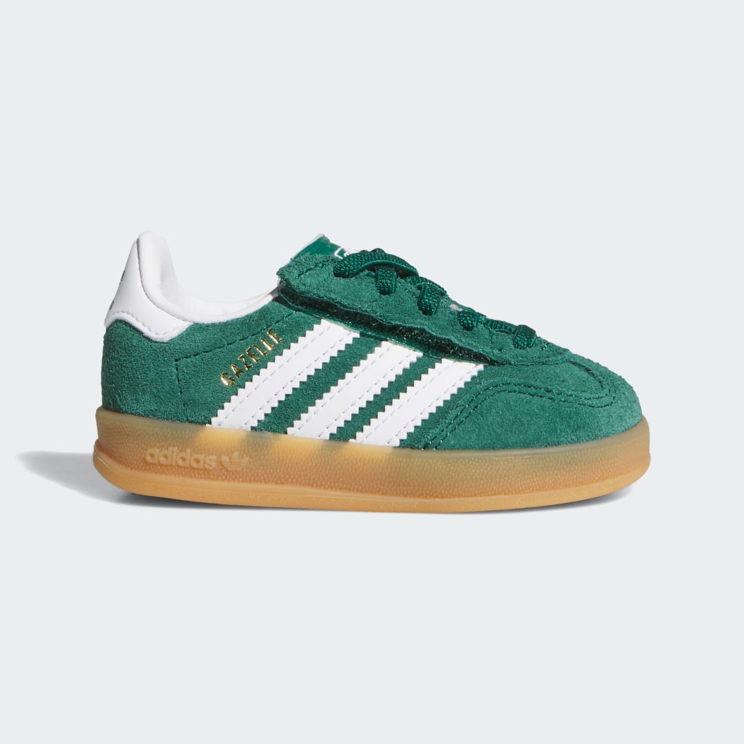 Detalle de Gazelle Indoor de Adidas: zapatilla de cierre cómodo con cordones elásticos (Verde)