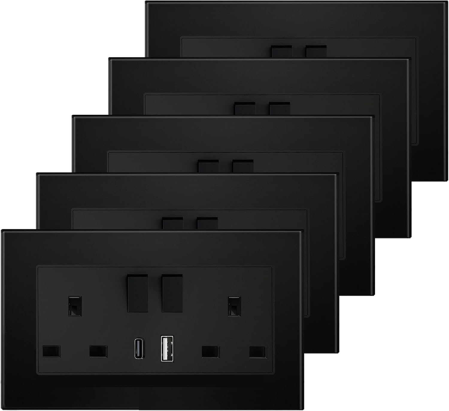 Detalle de BSEED Double Switched Sockets with USB C and USB A (UK Standard) – 2 Gang, Glass Panel, Black, 5 Pack