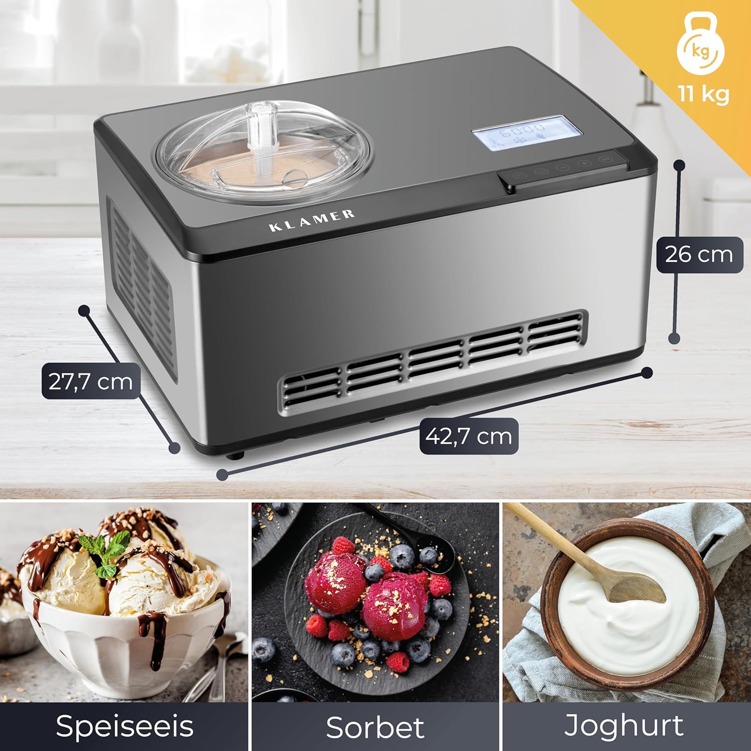 Thumbnail 3 de KLAMER 2-in-1 Eismaschine & Joghurtbereiter 2 L (180 W) aus Edelstahl mit Kühl- und Heizfunktion