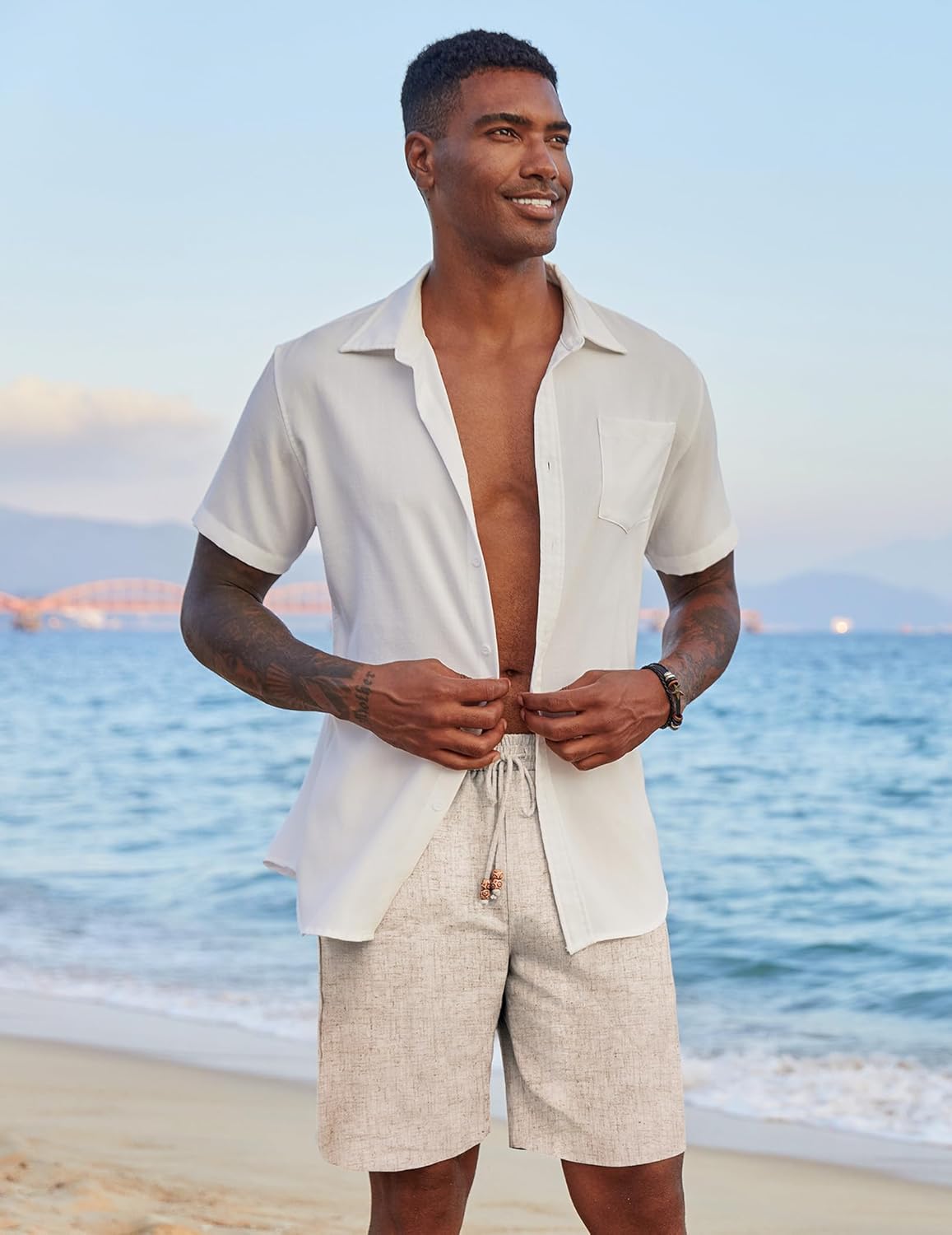 Detalle de COOFANDY Mens Casual Linen Shorts with Elastic Waist and Pockets