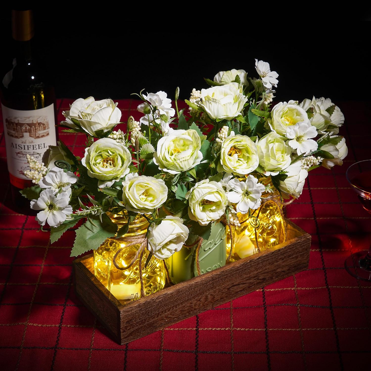 Thumbnail 6 de DUOER MSG-L Rustic Farmhouse Centerpiece with Wood Tray, Mason Jars & LED Light