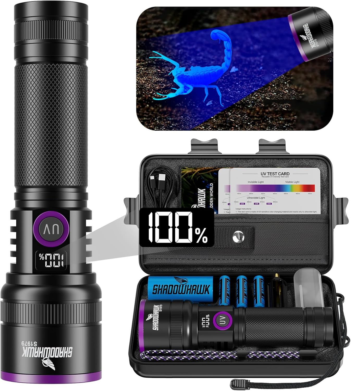 Detalle de Shadowhawk 365nm UV Torch 30W rechargeable ๐ฆ