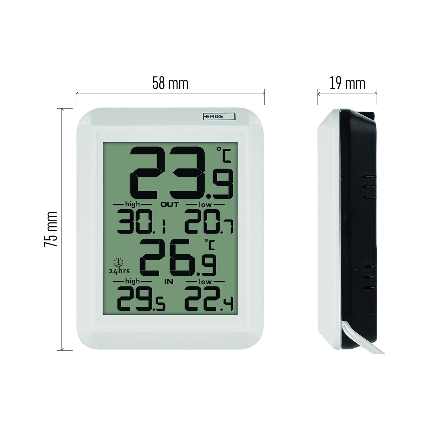 Detalle 1 de EMOS digitale binnen- en buitenthermometer met kabelsensor van 0,9 m en 24-uursgeheugen
