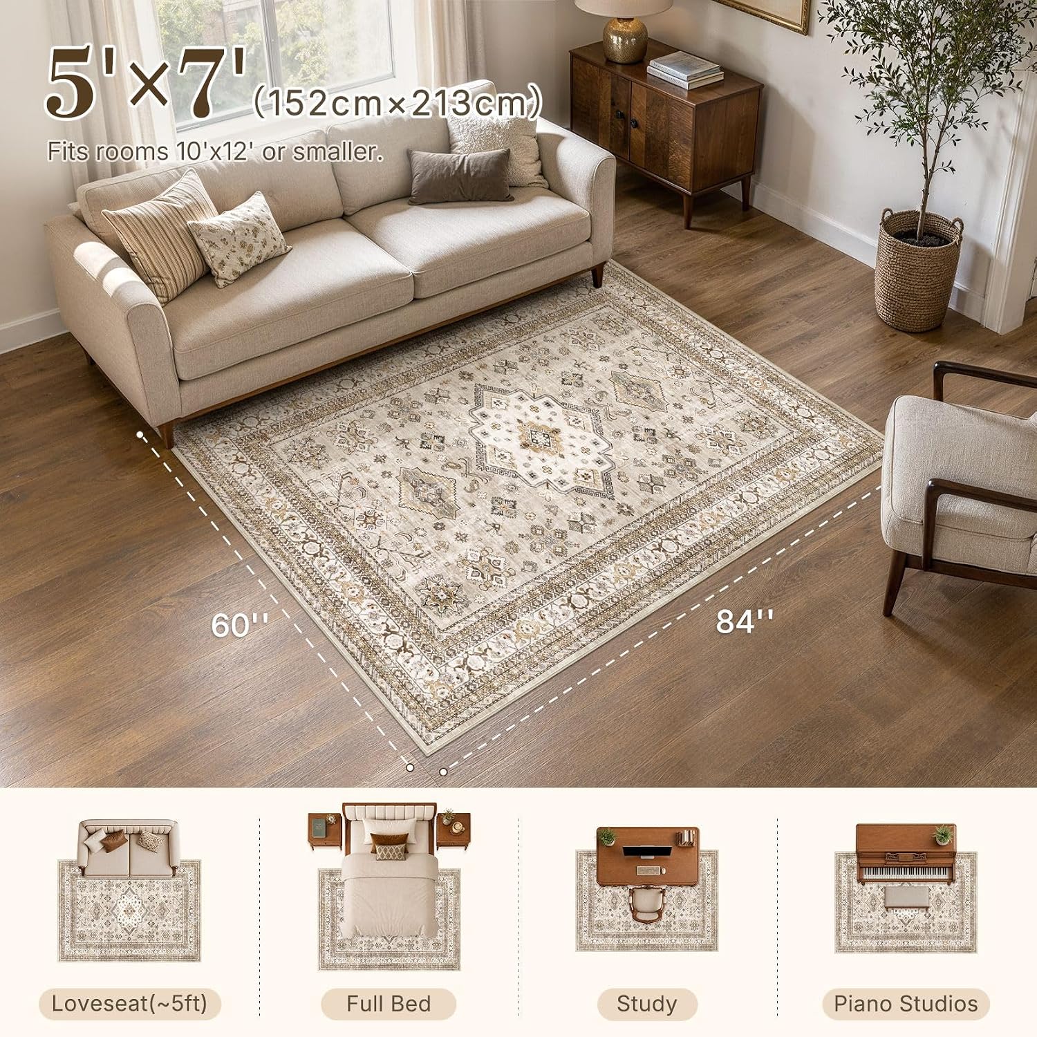Detalle 2 de Vintage Living Room Area Rug 5x7 (Beige) — Soft Washable Traditional Oriental Distressed Farmhouse Carpet
