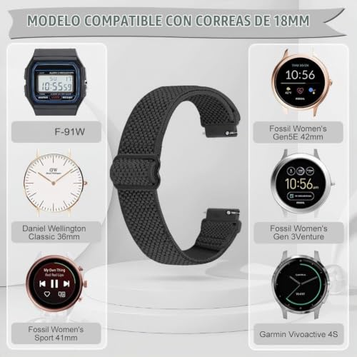 Detalle de Janpso: Correa elástica compatible con Casio F91W y AE--series (18 mm) – ajuste cómodo para todos