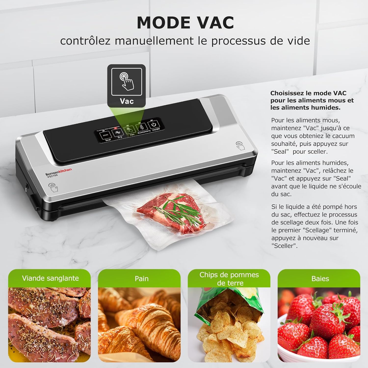 Thumbnail 3 de Bonsenkitchen Machine sous vide alimentaire avec double soudure et 5 sacs (20×30 cm)