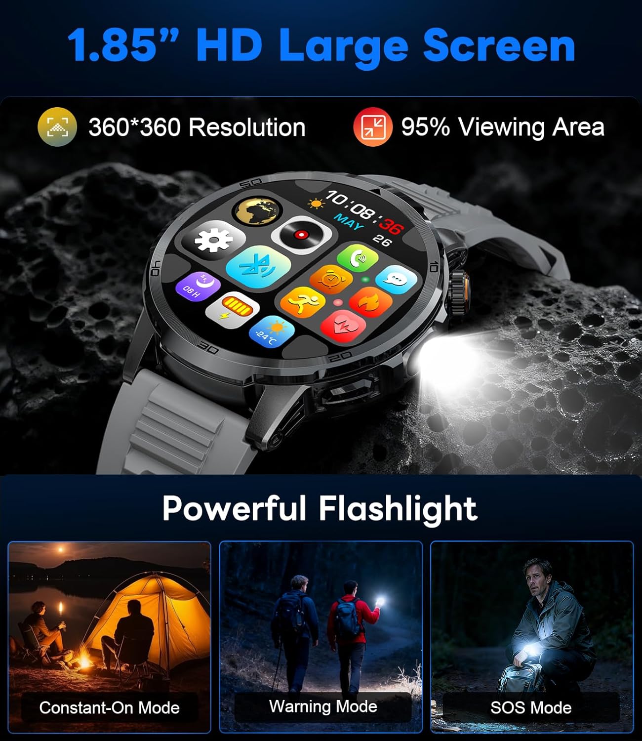 Thumbnail 1 de Montre Connectée Homme 1,85" : écran tactile, appels Bluetooth, cardio & sommeil, IP68, torche LED