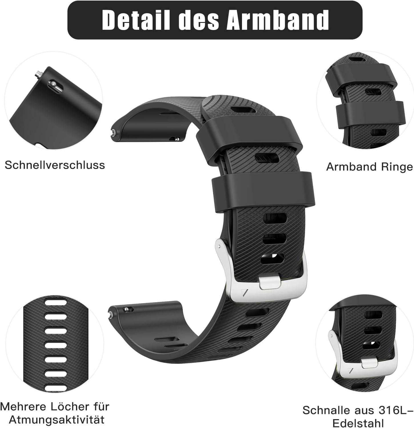 Detalle 2 de ANBEST Silikon-Armband (22 mm) kompatibel mit Garmin Forerunner 255/Vivoactive 4/Venu 2 & weiteren Uhren – Schnellverschluss