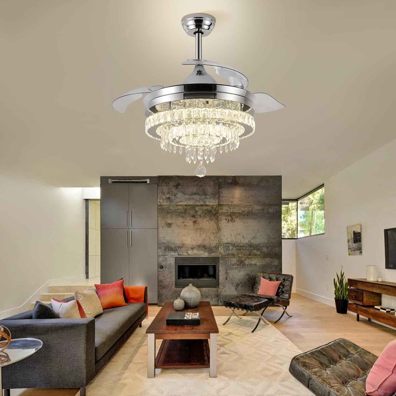 Thumbnail 5 de Modern Crystal Chandelier Ceiling Fan with Light – 42in, DC Motor, Remote & Retractable Blades