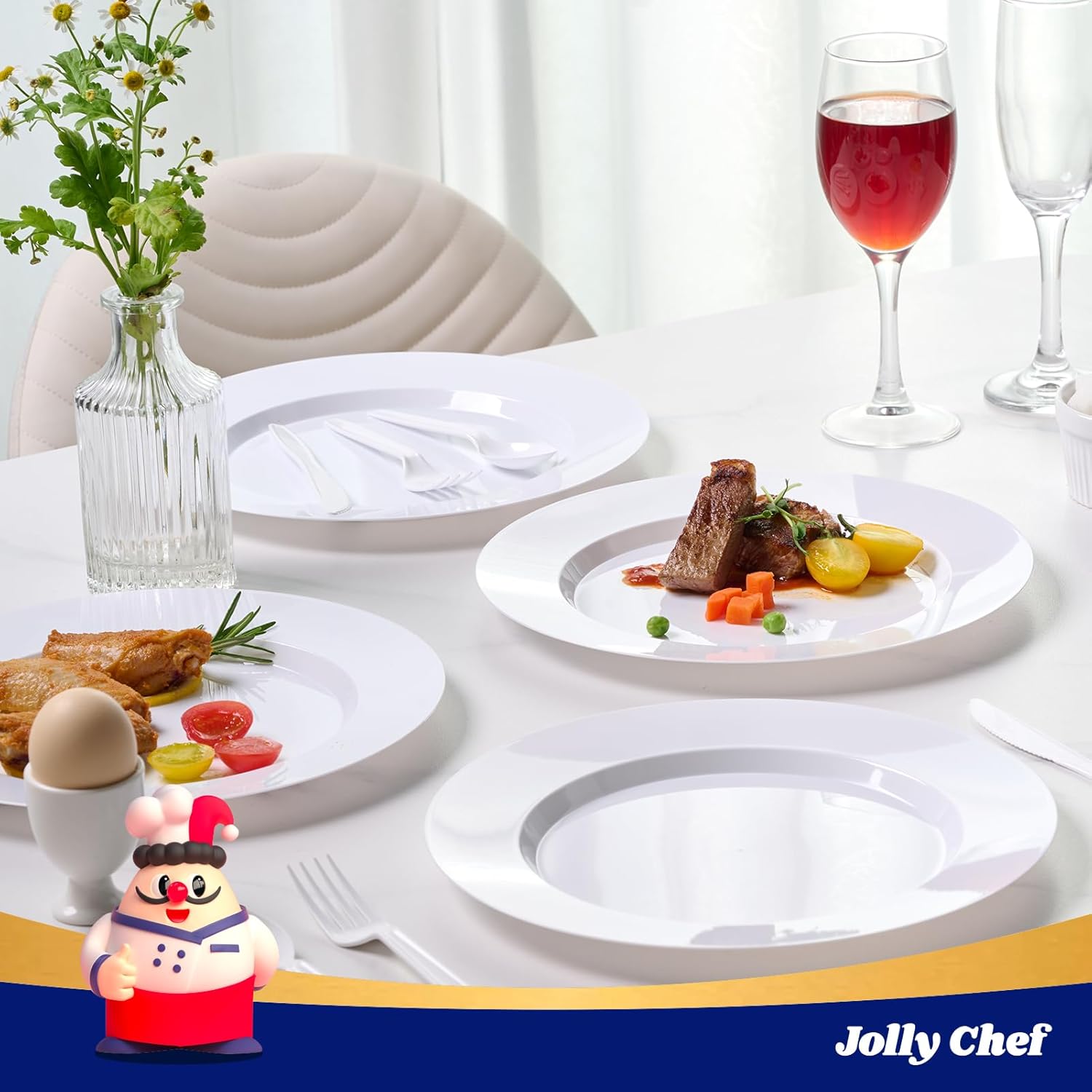 Thumbnail 5 de JOLLY CHEF 100-Piece 10-Inch White Plastic Plates — Elegant Disposable Dinnerware for Weddings and Parties