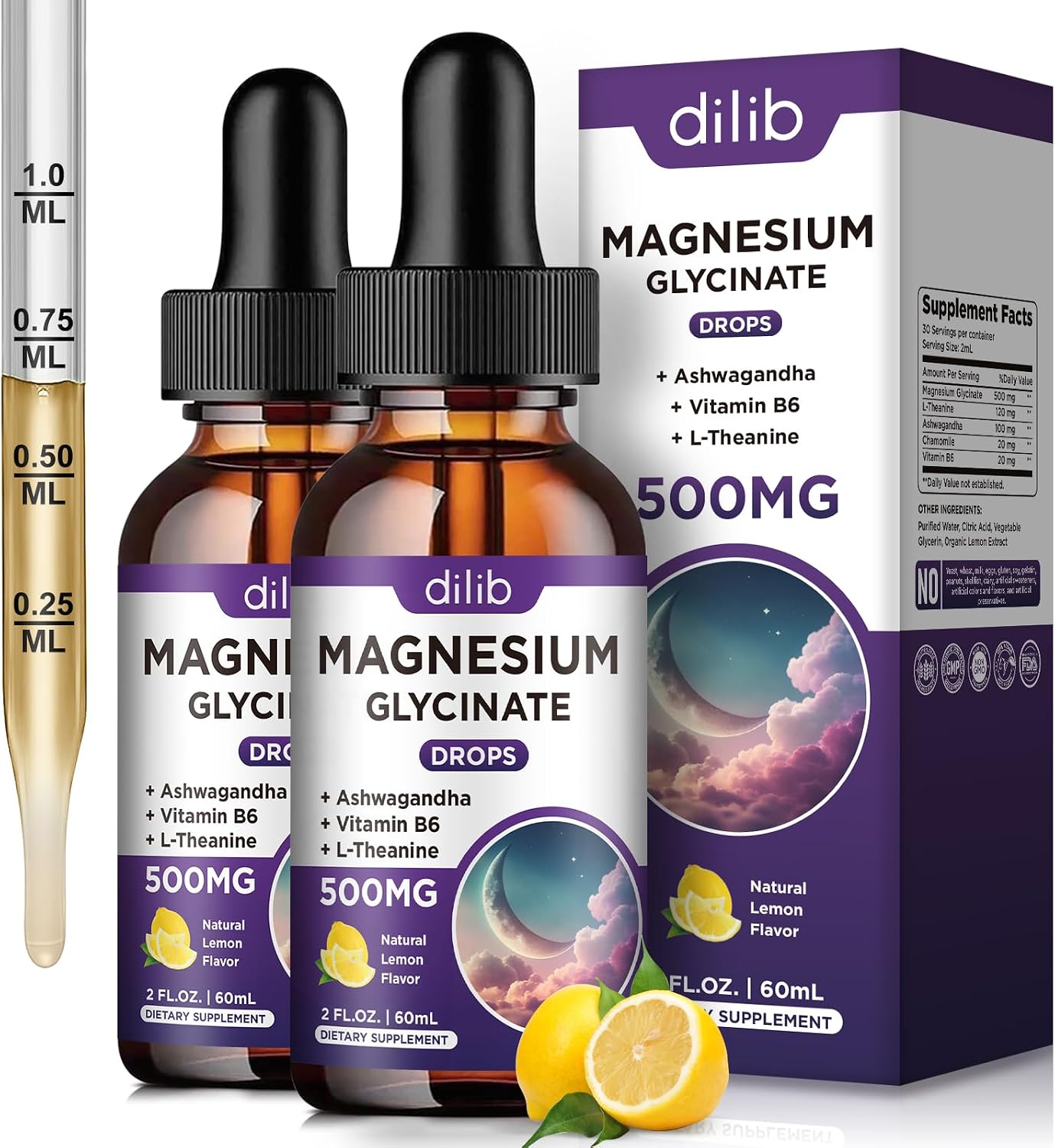 Detalle de dilib Magnesium Glycinate Liquid Drops, 500 mg, Vitamin B6 & Herbal Blend