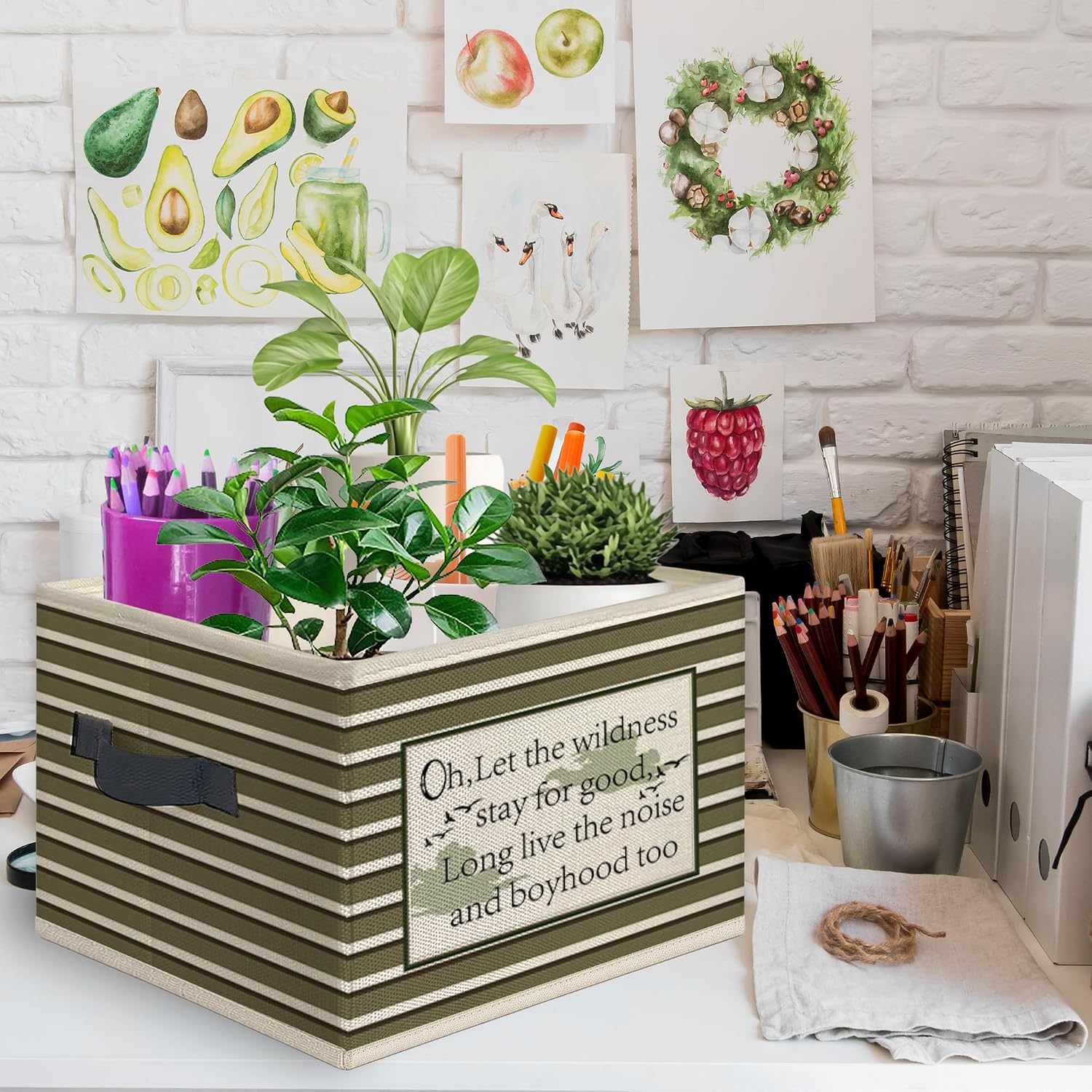 Detalle de Mcehtle Green Striped Collapsible Storage Bin with Handles, 14 x 10 x 10 Inches