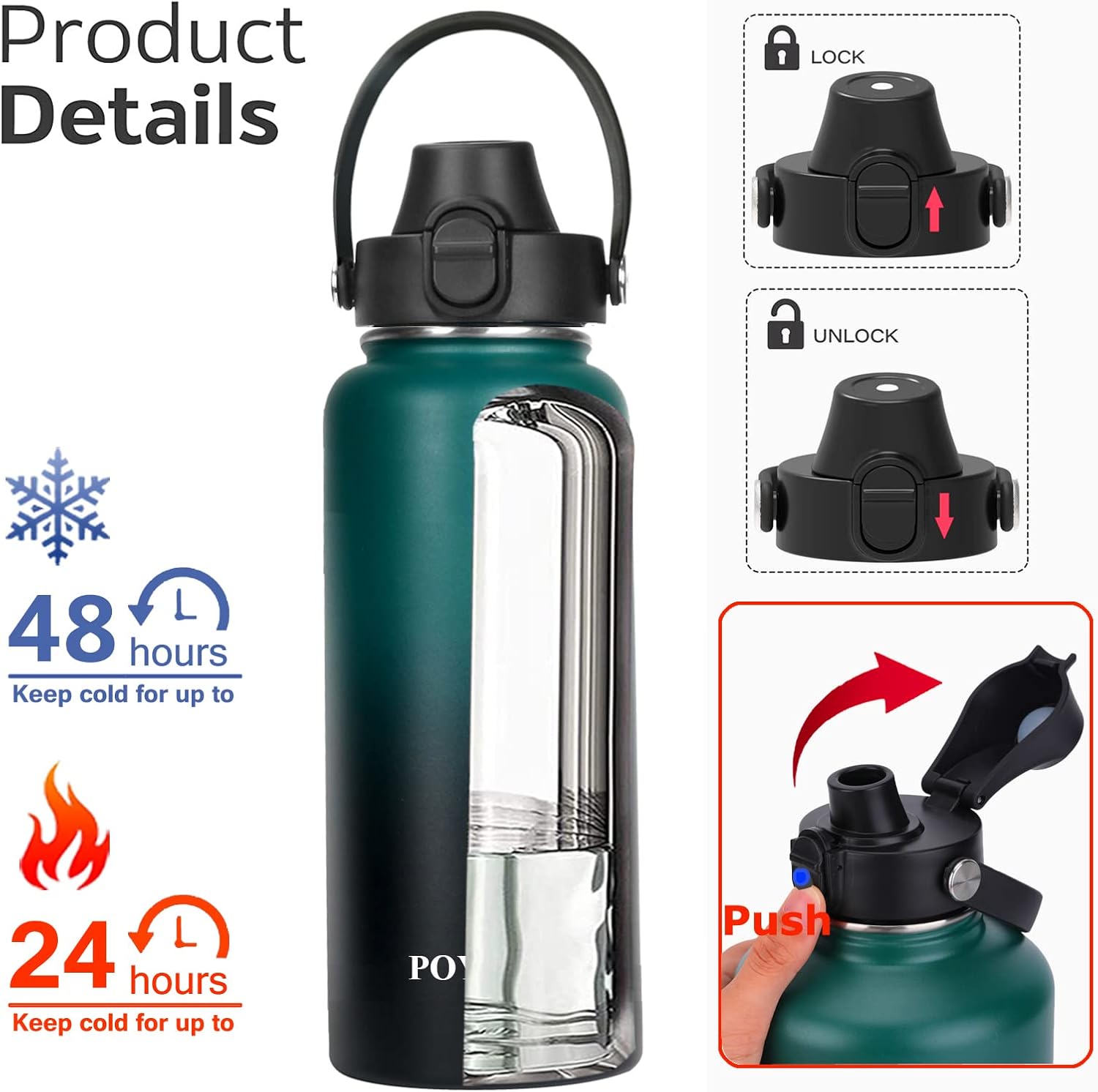 Thumbnail 1 de Water Bottle Insulated 32oz/40oz/64oz/128oz with 3 Lids: Leak-Proof Vacuum Stainless Steel Bottle