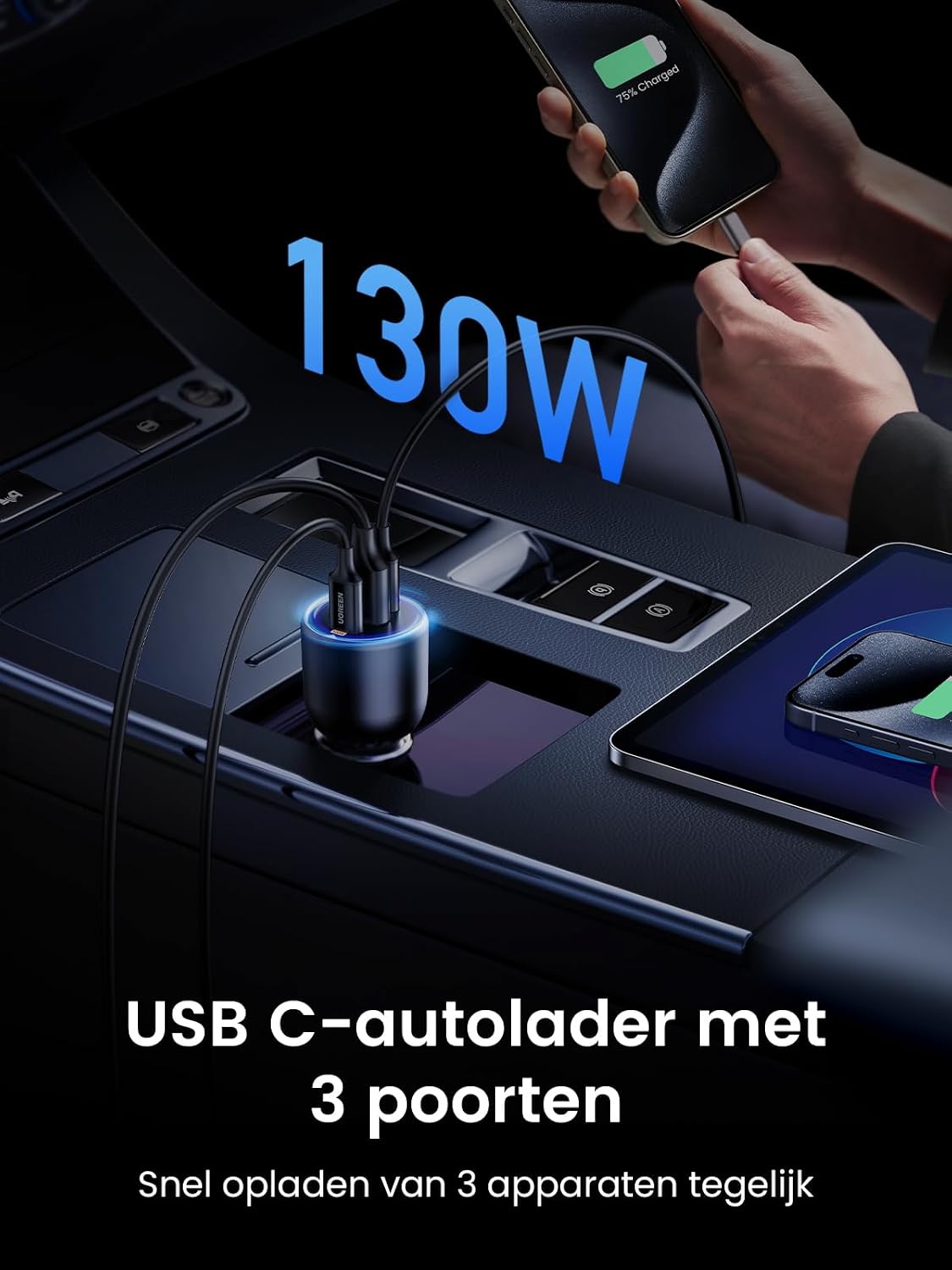 Thumbnail 2 de UGREEN 130W 3-in-1 autolader met twee USB-C-poorten en USB-A