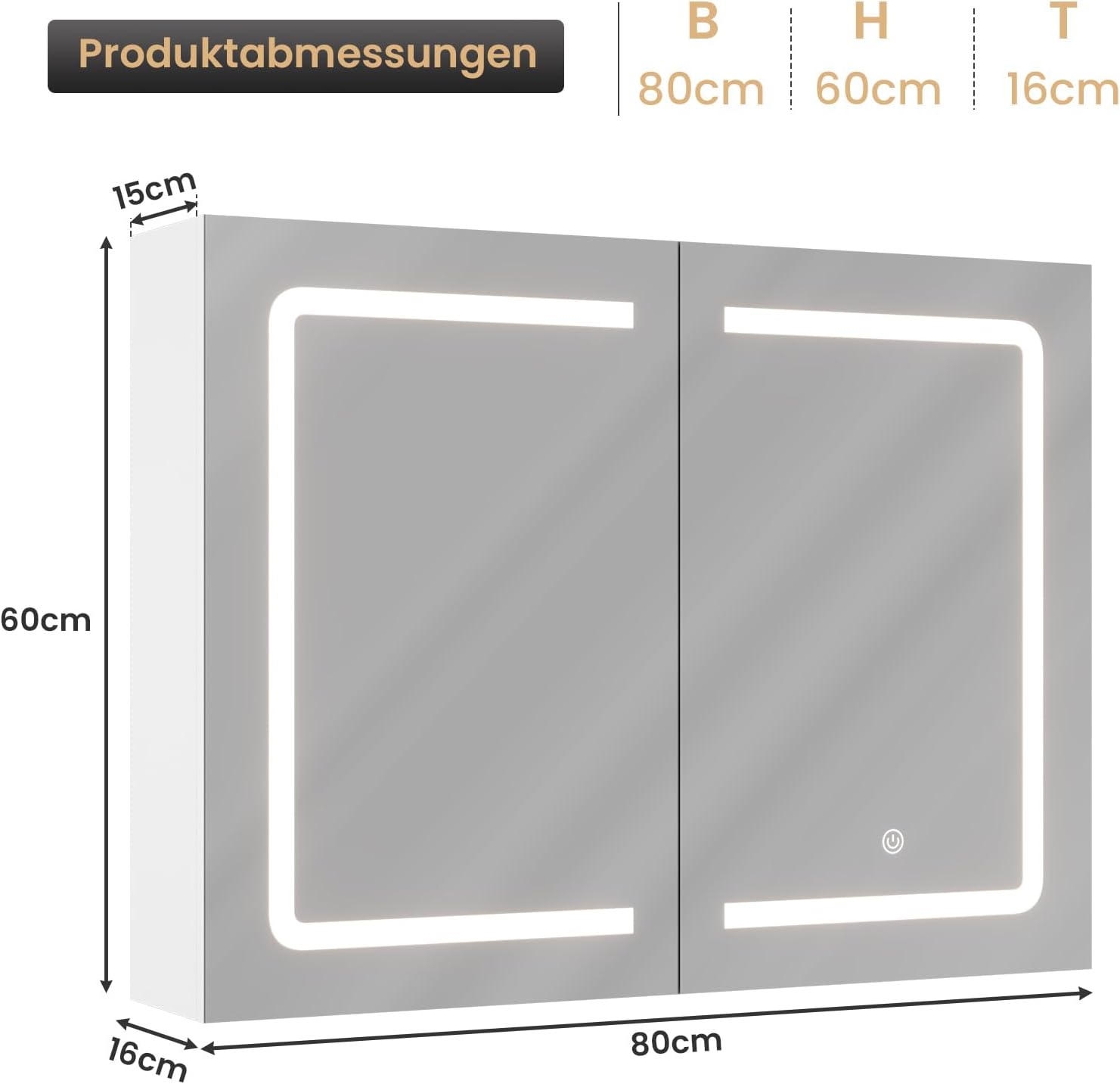 Thumbnail 1 de DICTAC Badezimmer Spiegelschrank mit LED & Sensorschalter, 80 x 60 x 16 cm (Doppeltür, Steckdose)