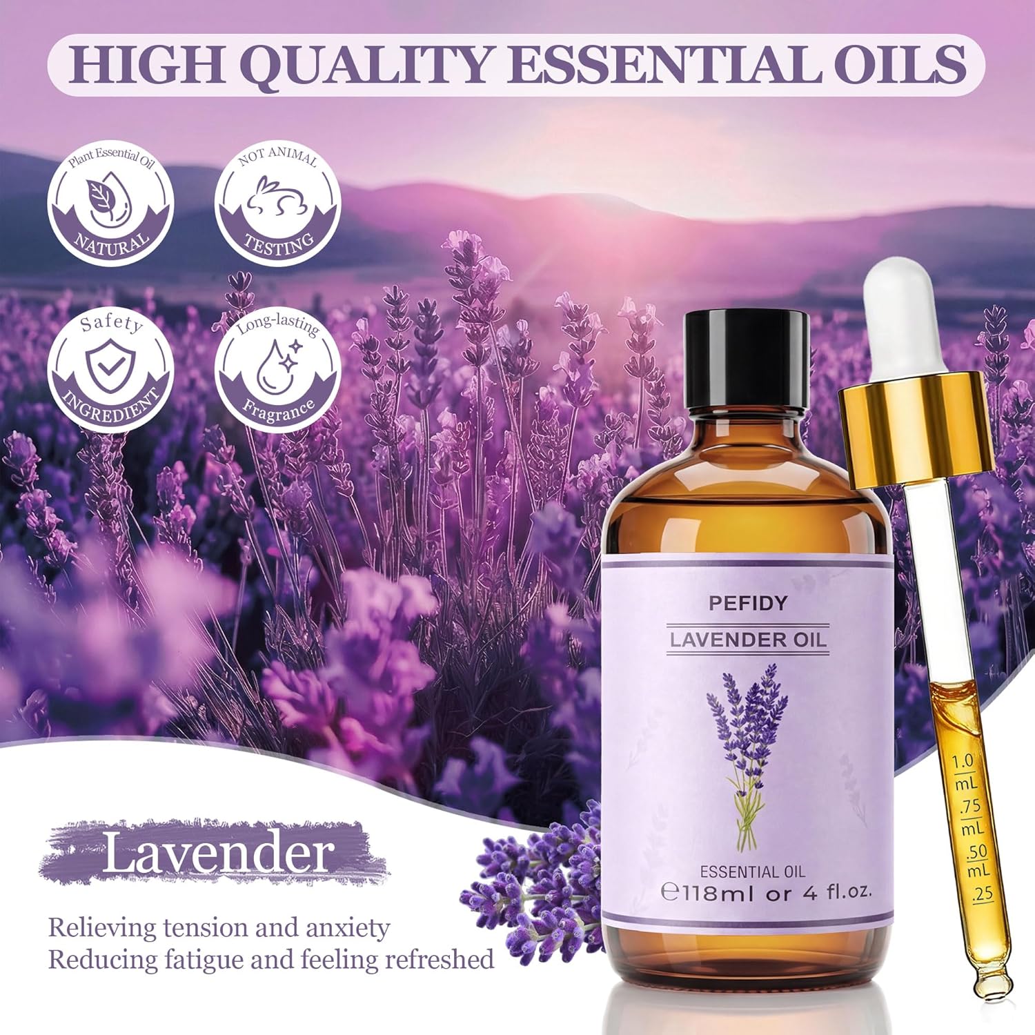 Thumbnail 1 de PEFIDY olio essenziale di lavanda 100% naturale per diffusori, 118 ml