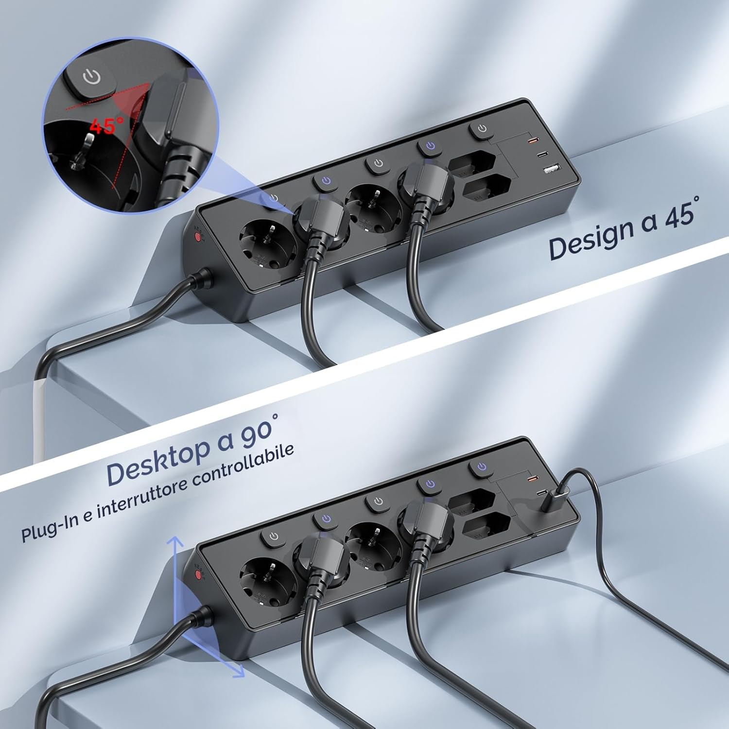 Detalle de Ciabatta Multipresa con USB 9 in 1: 6 prese, 3 USB e protezione sovratensione